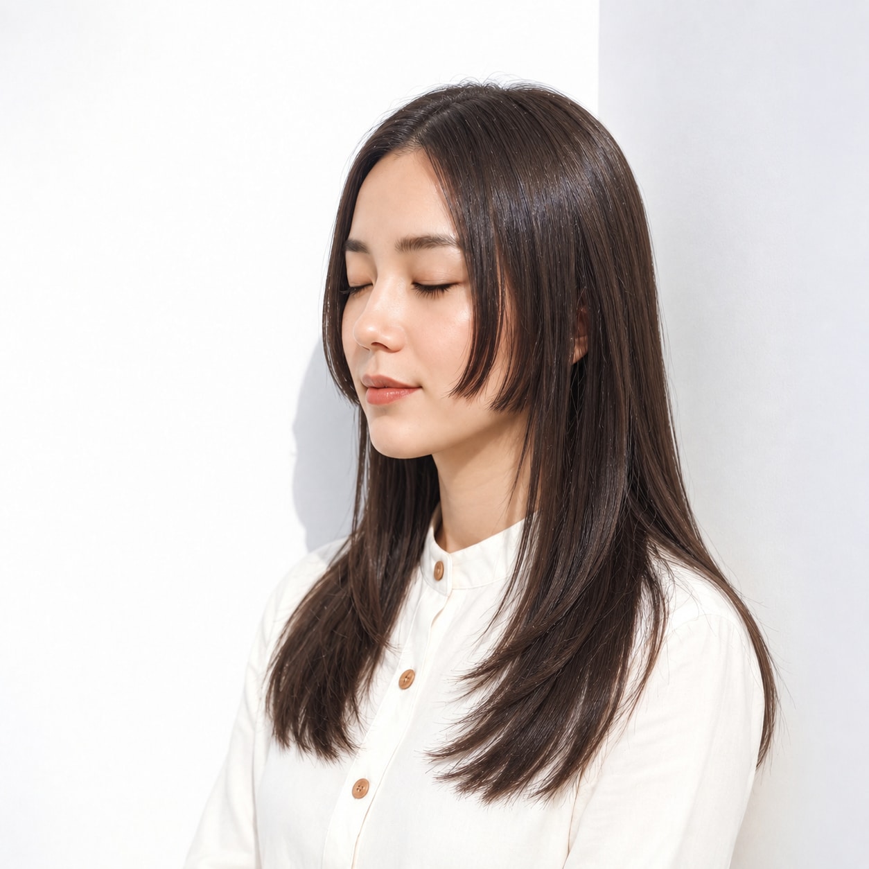 14. 姫カットロング × ダークブラウン：頬横の短い髪で視線を区切る