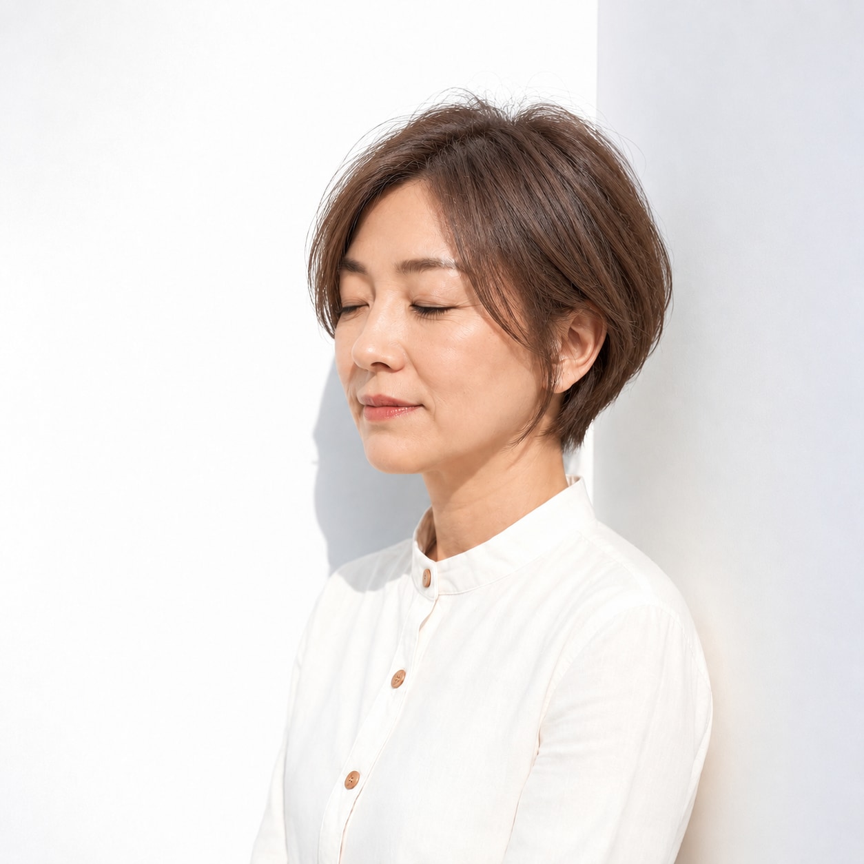 14. 横流しの長い前髪 × ブラウンボブ：自然な丸みで優しく