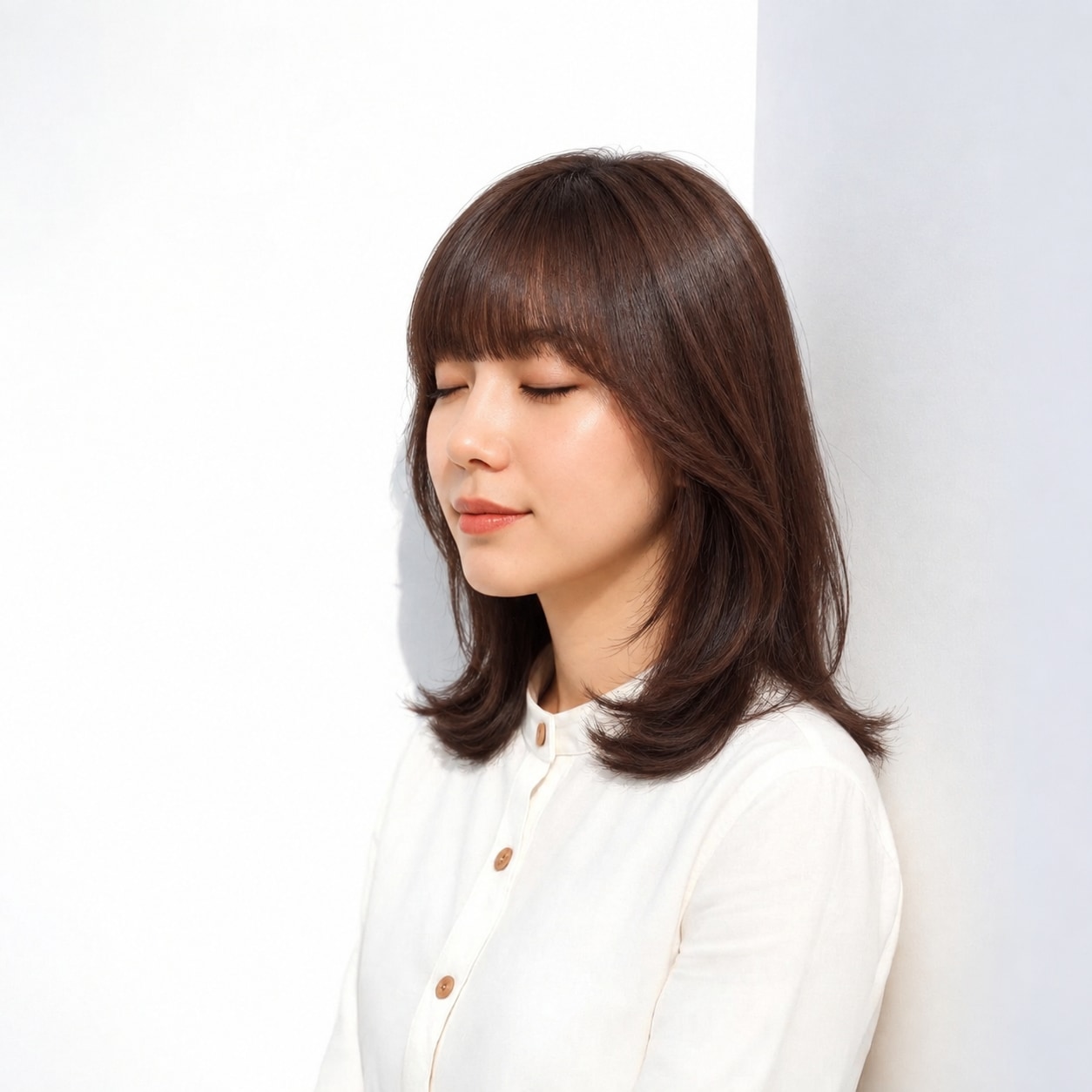 14. 重めバング：毛先がばらつかず、端正な重さを見せられます