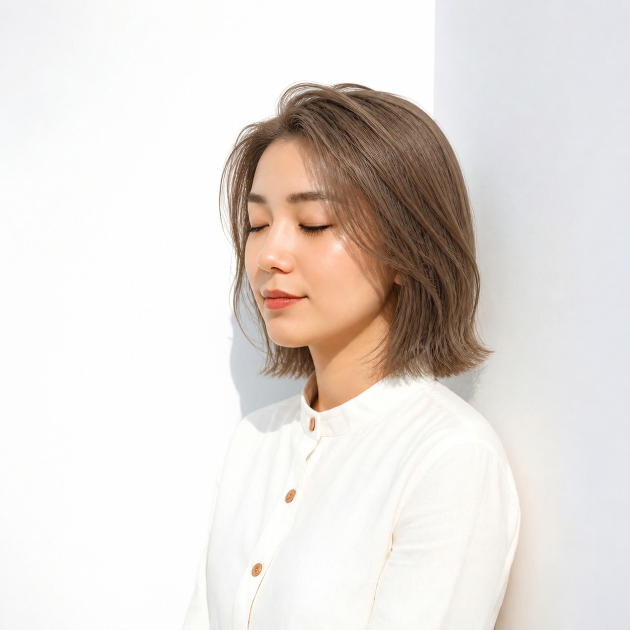 14. 長めボブ × ベージュウェーブ：前髪なしで大人っぽく