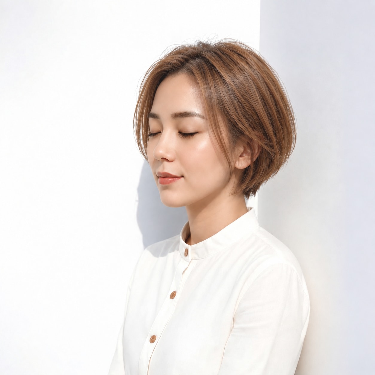 12. 長め前髪ショートボブ × キャメルブラウン：ゆるく分けた前髪が顔まわりになじむ