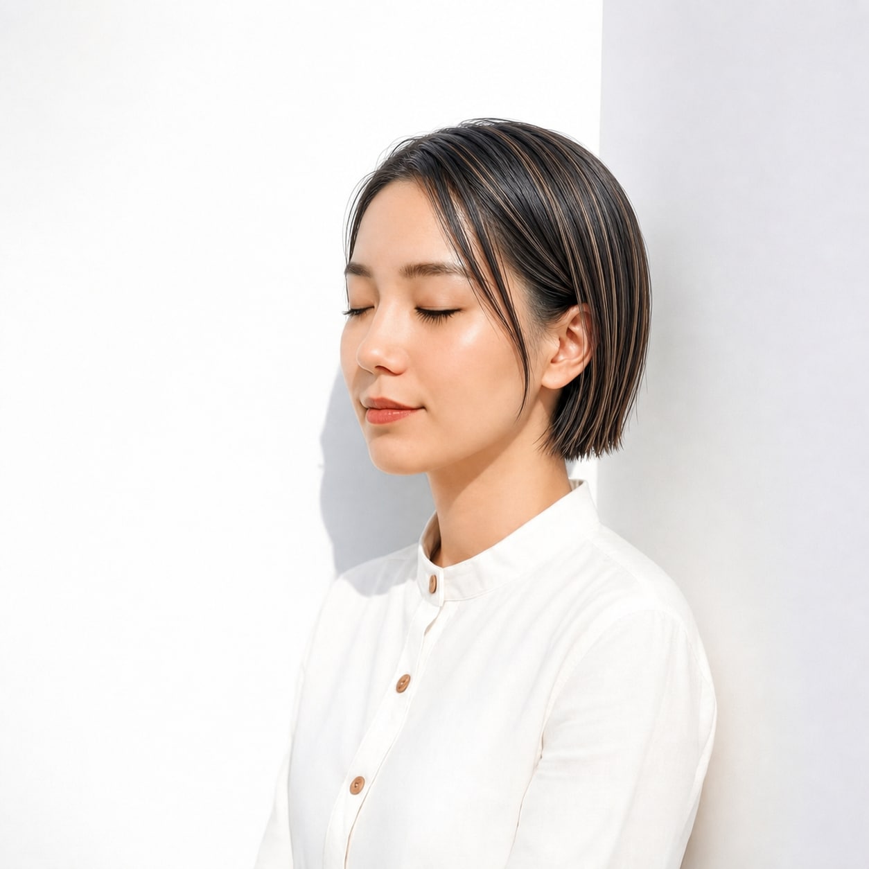14. 黒髪ハイライト×ストレートボブ: ストレートでも細いラインで単調になりにくい