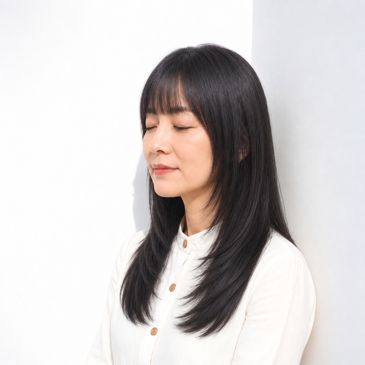 7. ロング × 黒髪：軽い下ろし前髪がやさしい表情をつくる