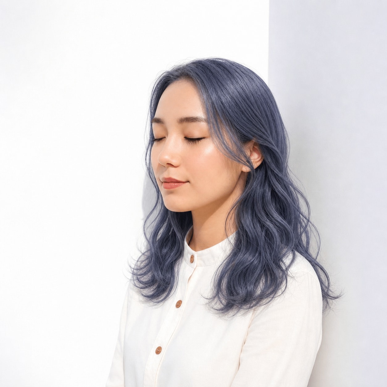 15. くすみブルー×ウェーブロング: ラベンダーを含むブルーグレーで巻き髪が柔らかくなる