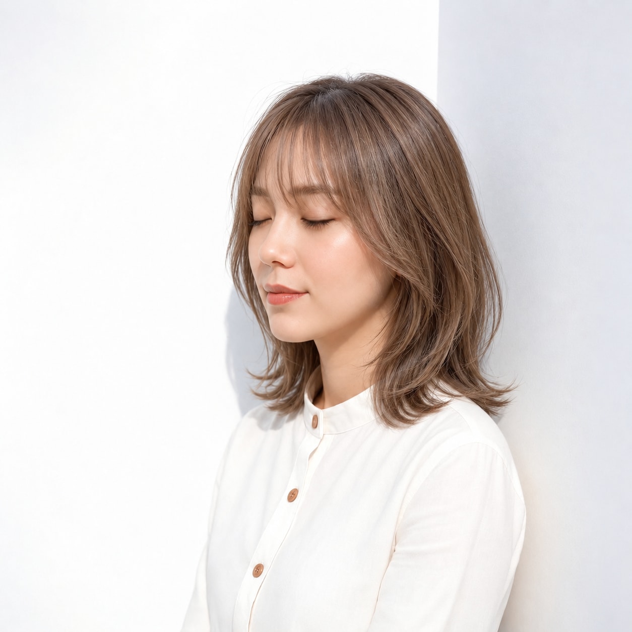 15. くびれレイヤー × ベージュブラウン：顔まわりの曲線でふんわり華やぐ
