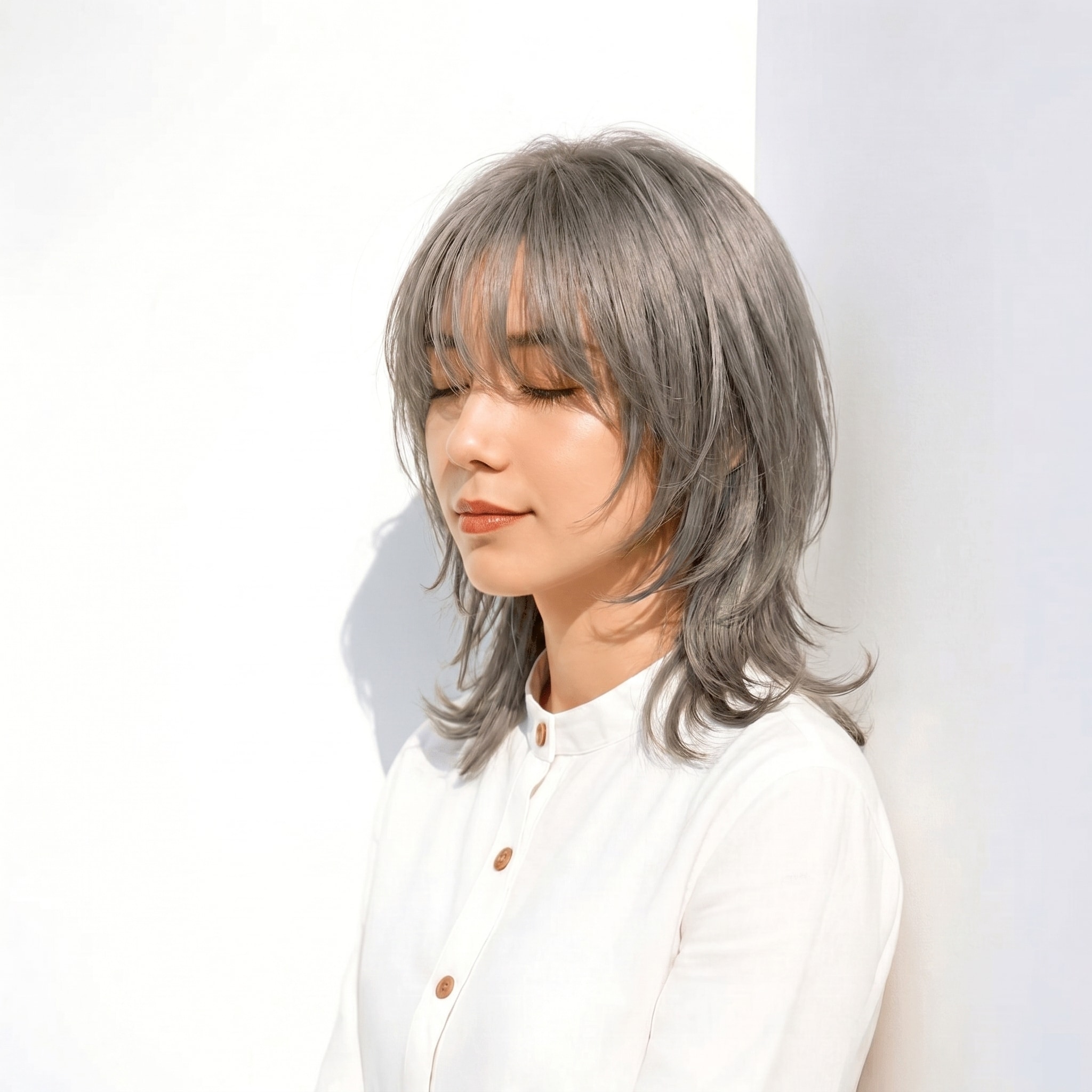 15. アッシュグレー×シースルーバング: 軽やかな動きと上品なツヤを演出