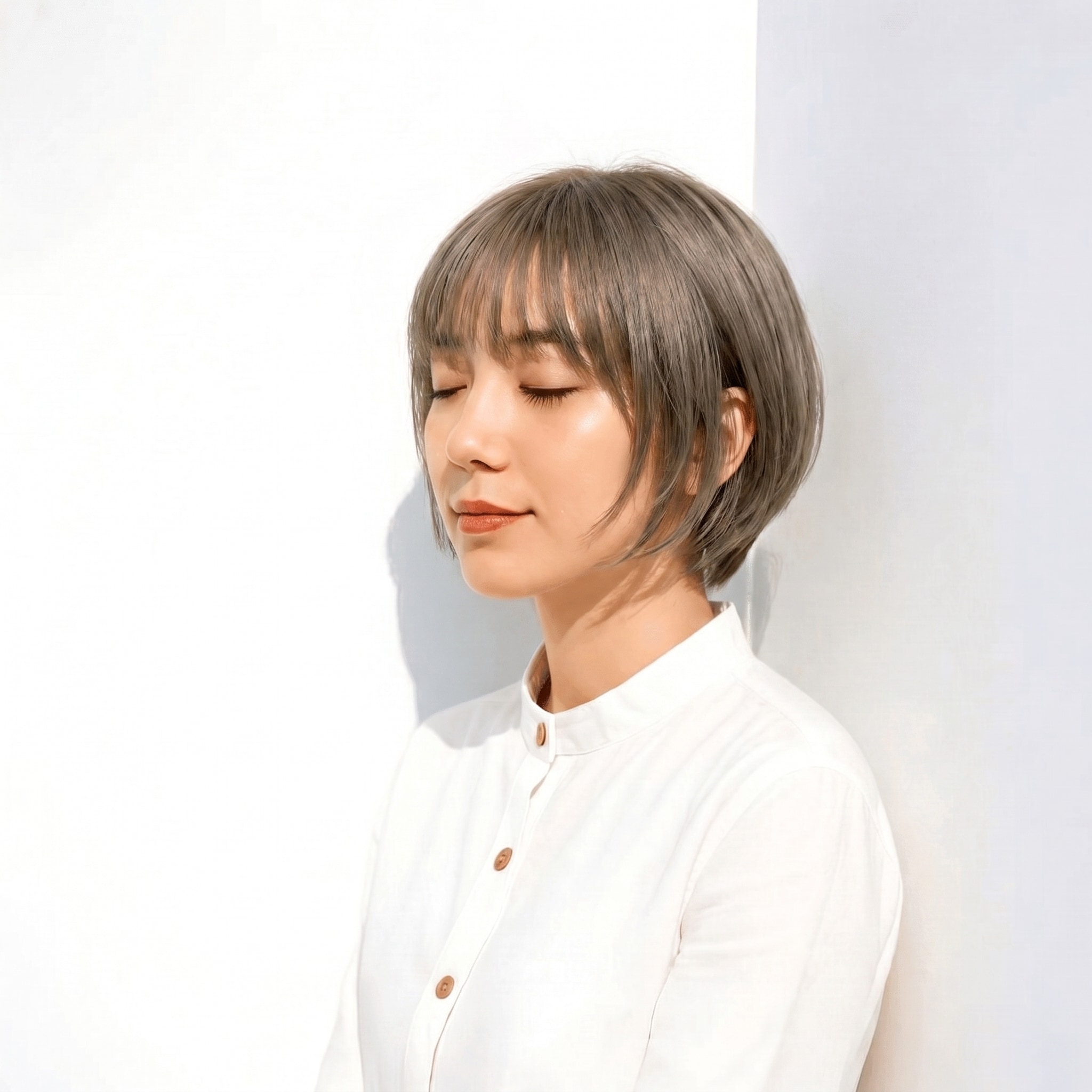 15. アッシュグレージュ×ボブ：丸みのあるシルエットで軽やかさを演出