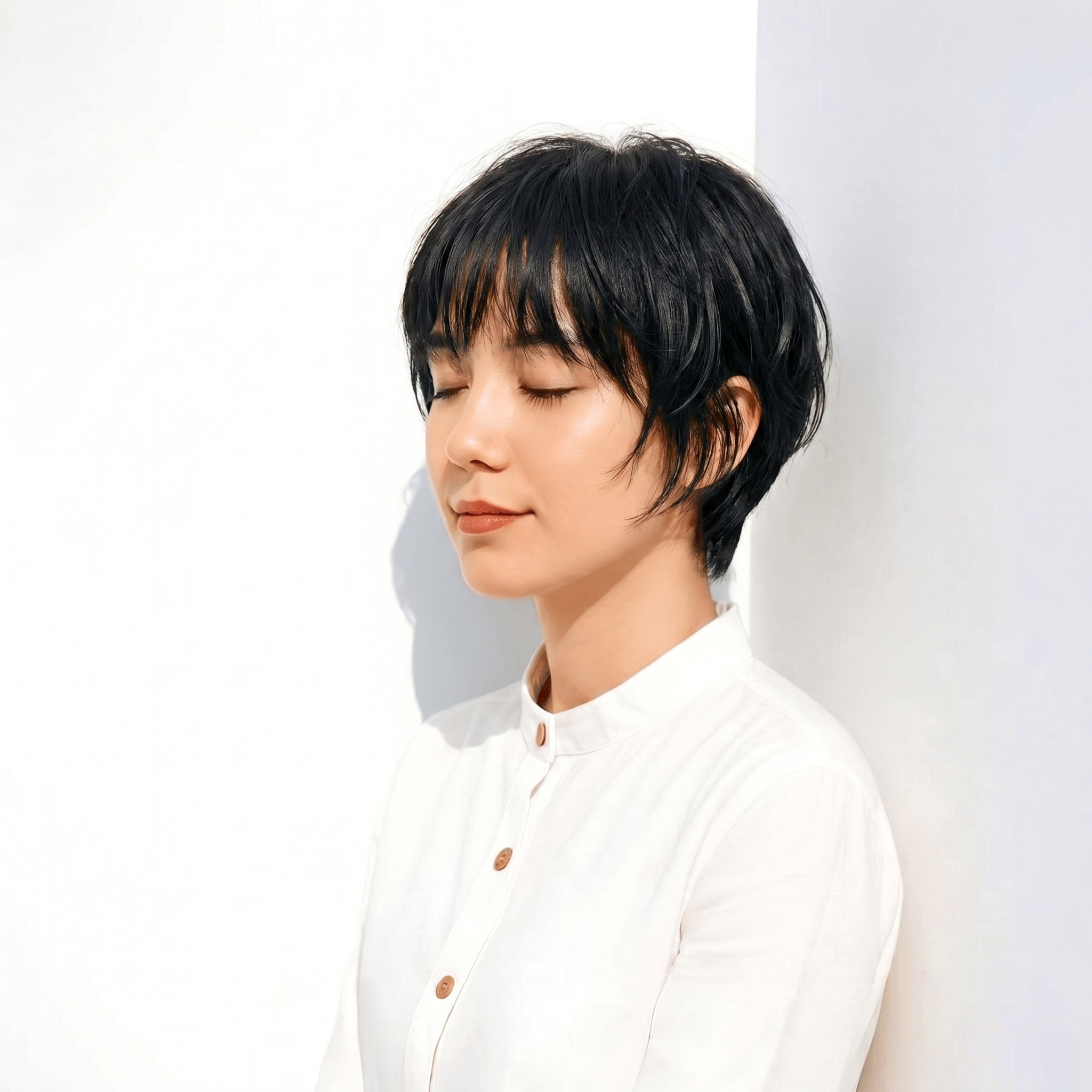 15. アッシュブラック×ショートレイヤー: 丸みと動きで洗練された印象に