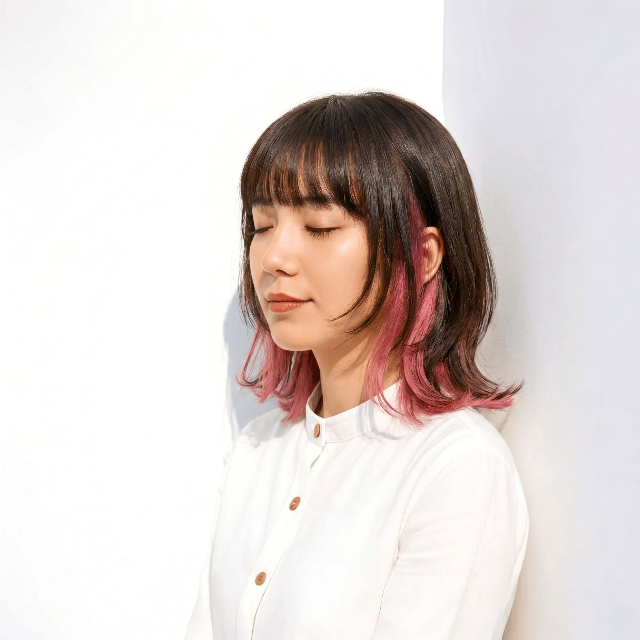 15. インナーカラー×やわらかな赤み×肩ラインボブ: 外ハネにやわらかな赤みを添えて、軽やかで甘い印象に