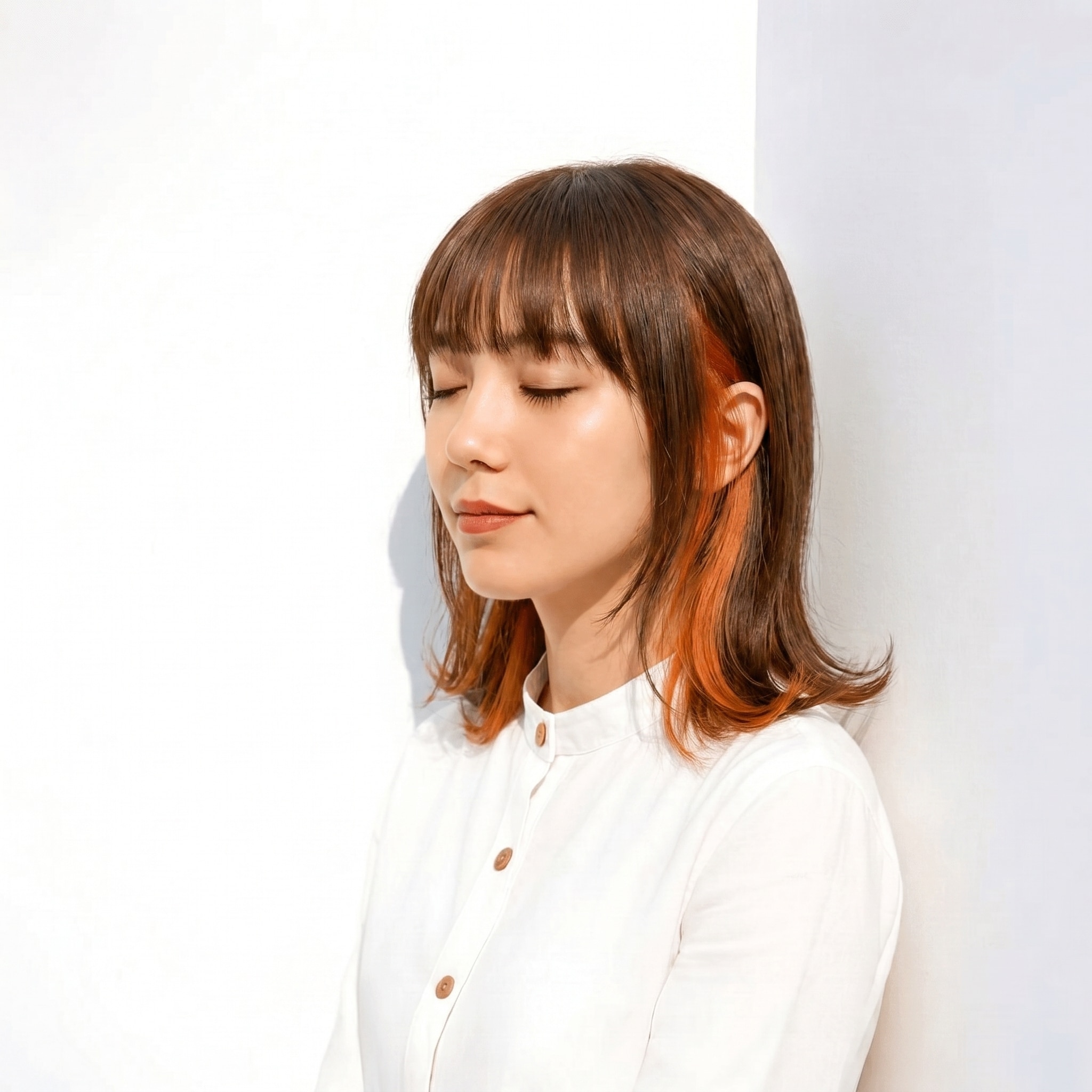 15. インナーカラー×コッパーオレンジ×外ハネミディアム: さりげない差し色で、横顔まで印象的に仕上げる