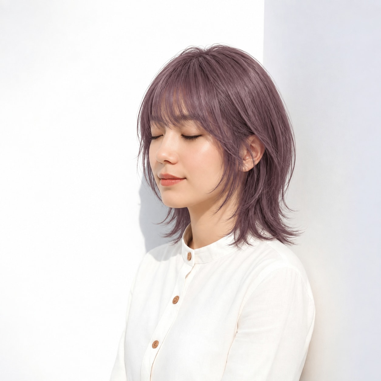 15. ウルフレイヤー × ミディアム × 頬に落ちる短いレイヤーを生かすシルエット：顔の近くに動きが集まり、長いえり足との段差が映えます
