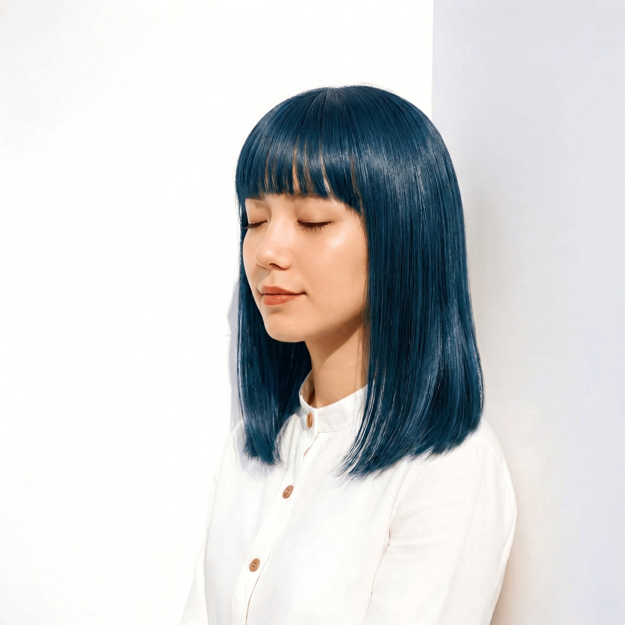 15. ターコイズブルー×暗髪：ツヤと透明感が際立つストレートロブ