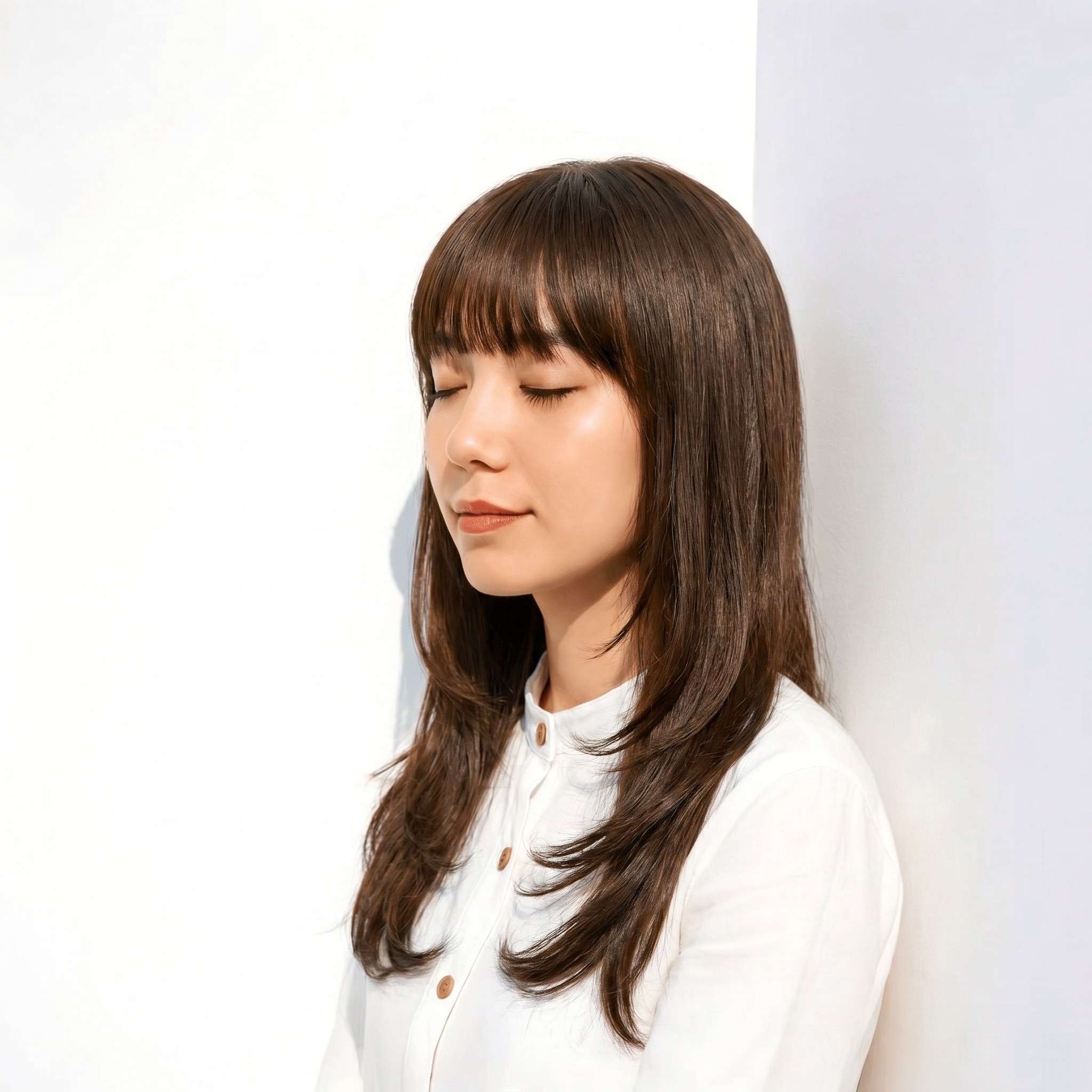15. オリーブブラウン×厚めバング: 赤みを抑えた優しい印象のミディアムセミロング