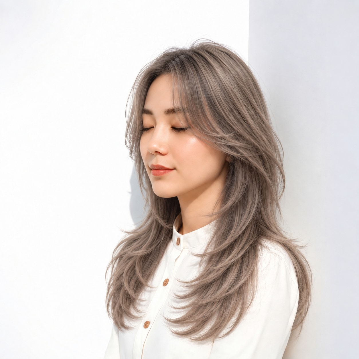 15. カーテンバングロング × ベージュ：頬を包む流れで華やかに