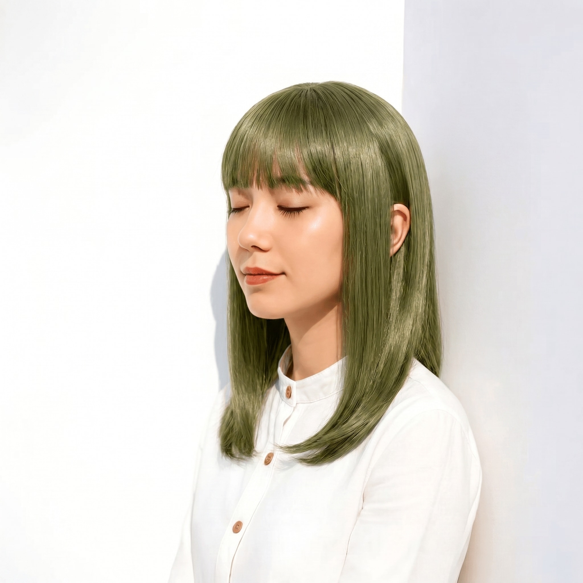 15. グリーンアッシュ×ミディアムストレート: 縦ラインを際立たせる軽やかな抜け感