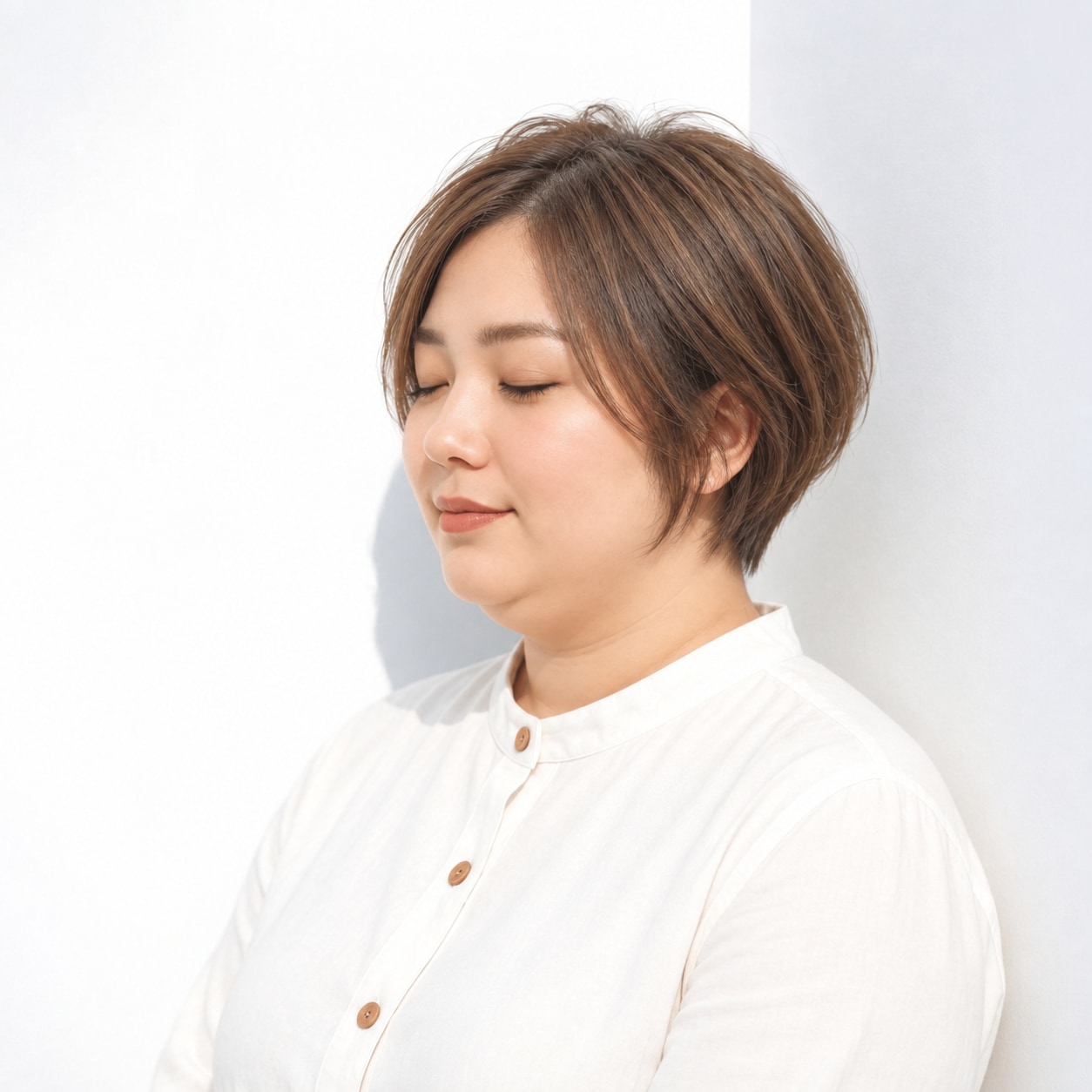 前髪を斜めに長く流したブラウンのショートヘア