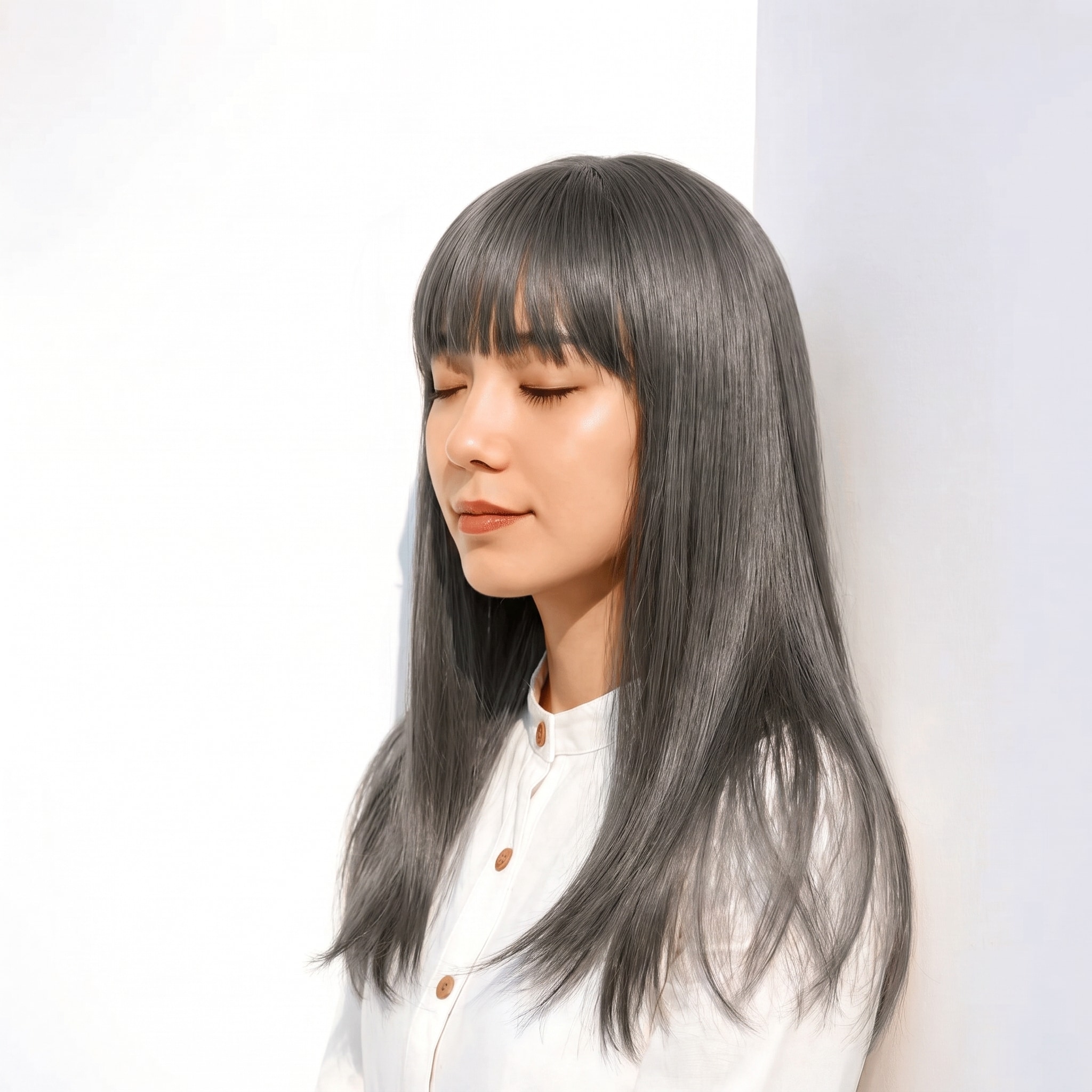 15. シルバーグレージュ×ストレートロング: 暗めのグレー寄りカラーでロングの赤みを抑える