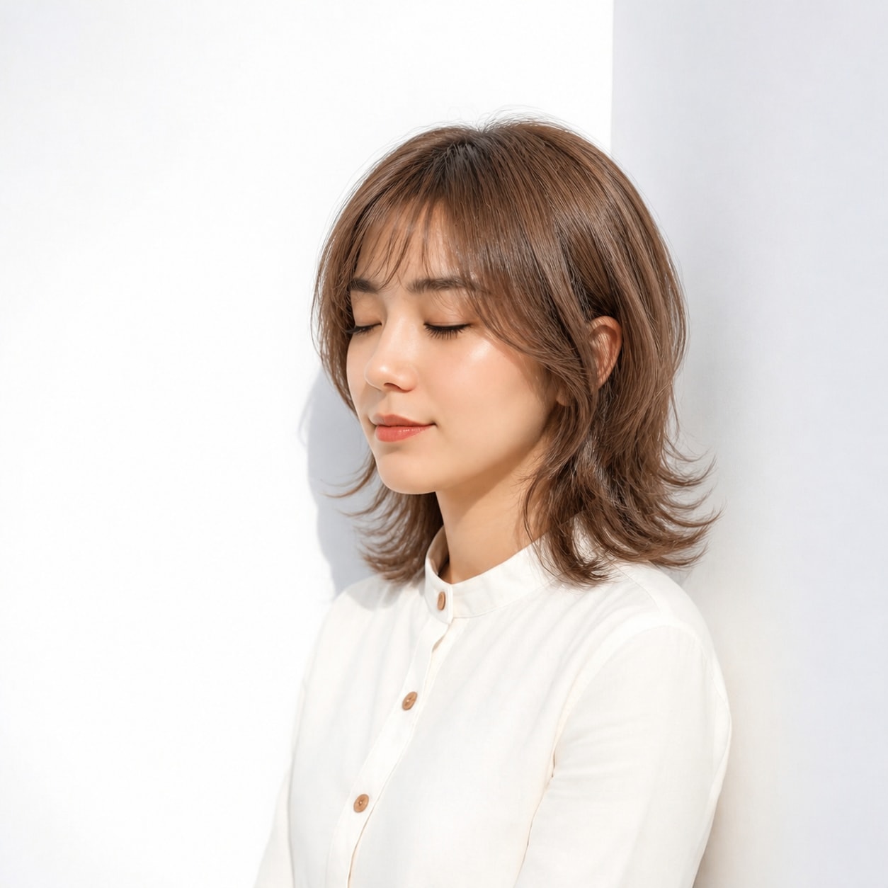 15. セミロングウルフ × くびれレイヤー：首元がすっきり