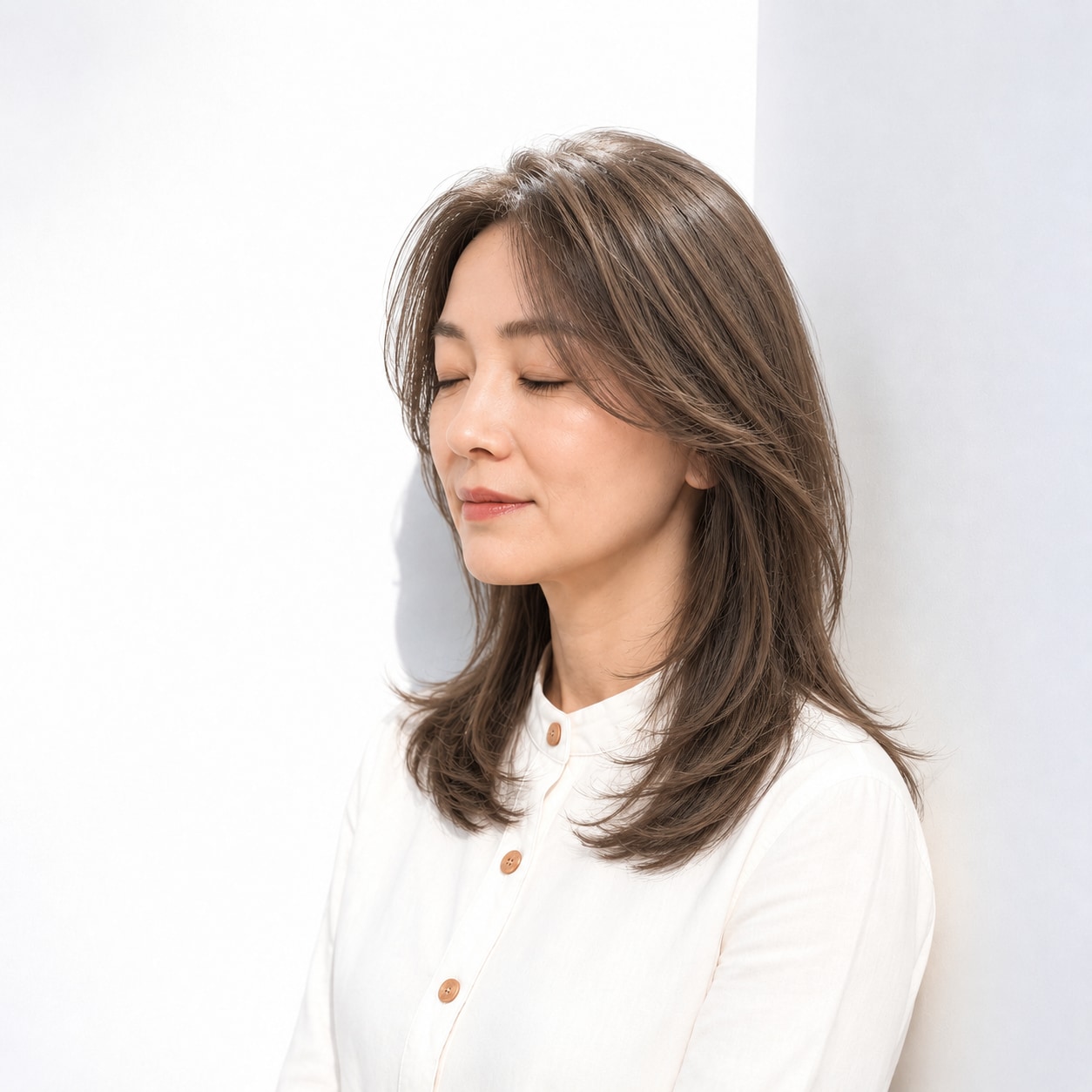 3. セミロング × 流し前髪：大きく曲がる毛先がやわらかくまとまる