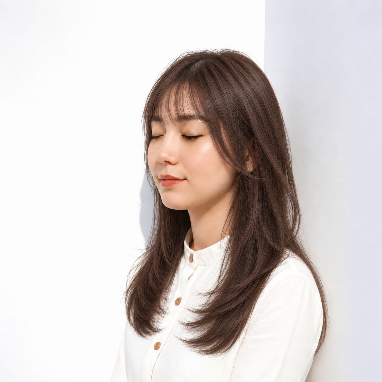 15. ナチュラルレイヤーロング × モカブラウン：細い顔まわりで軽くまとめる
