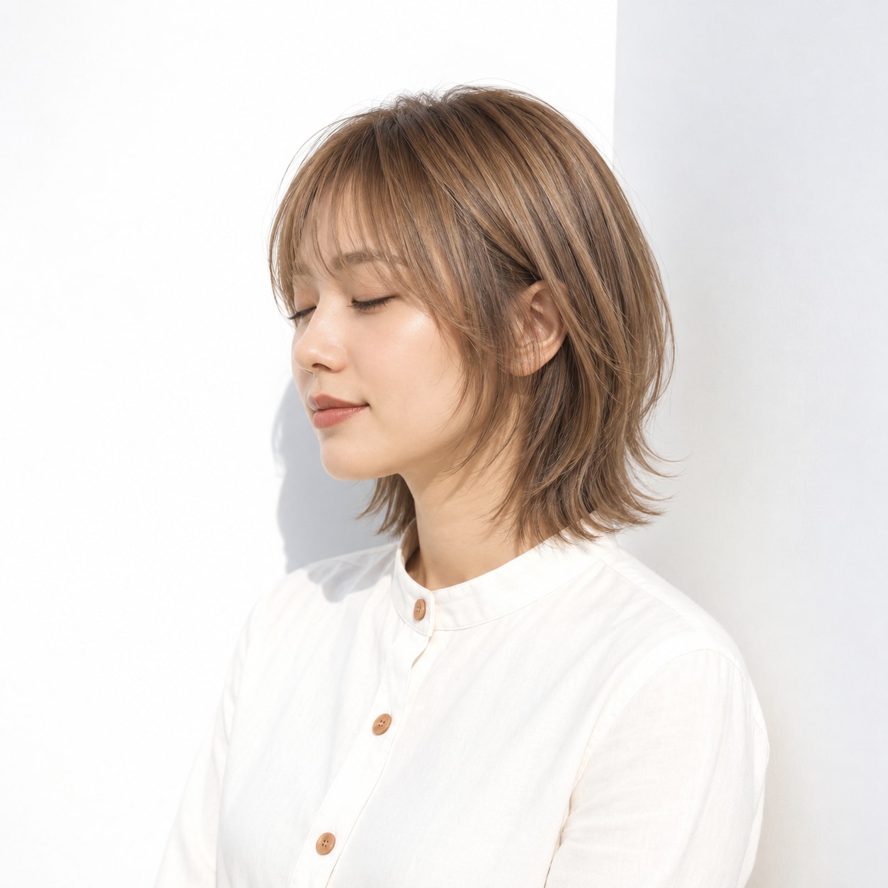ふんわり動くショートボブのハニーベージュ