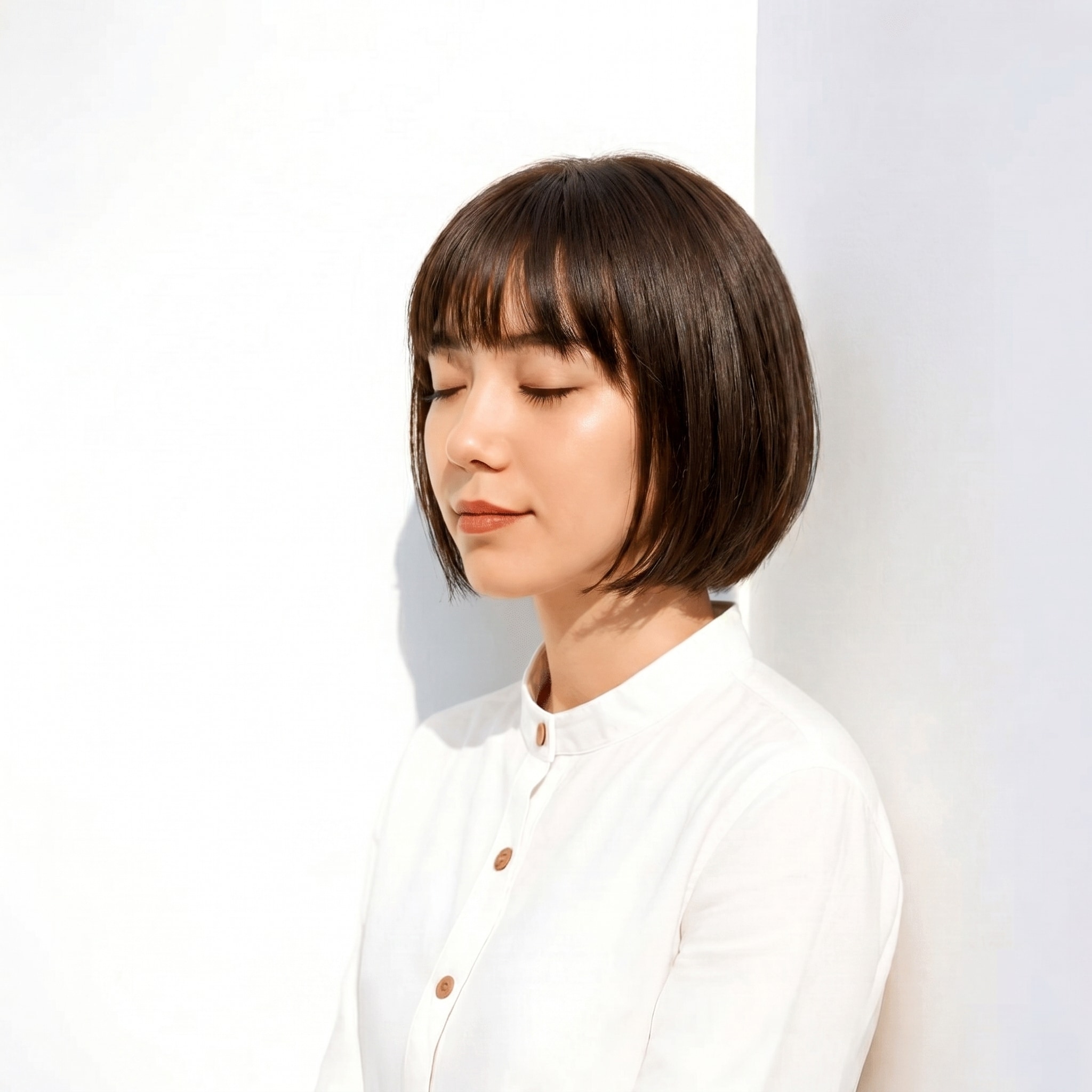 15. ブリーチなしグレージュ×ボブ：あごラインの丸みとシースルー前髪で上品に