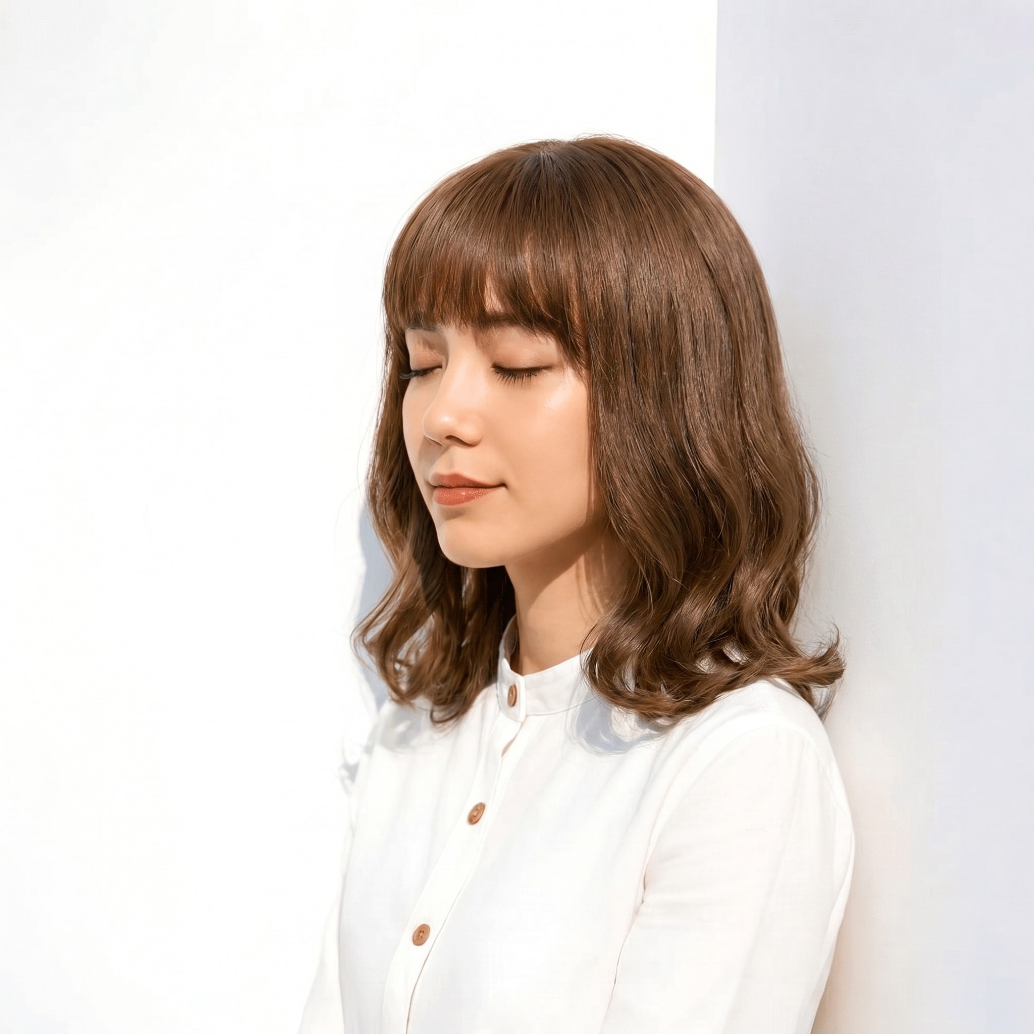 15. ブリーチなしミルクティーベージュ×ロブ: 肩に触れる長さで大人フェミニンを演出
