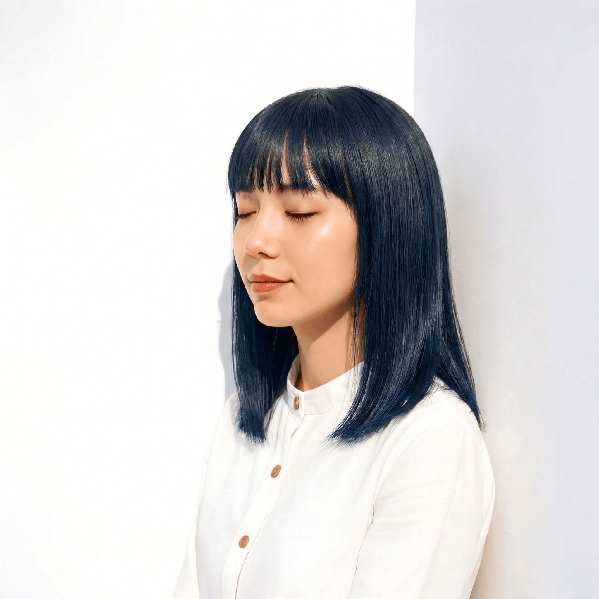 15. ブルーアッシュ×暗髪: 深ネイビーが赤みを抑えクールな印象に