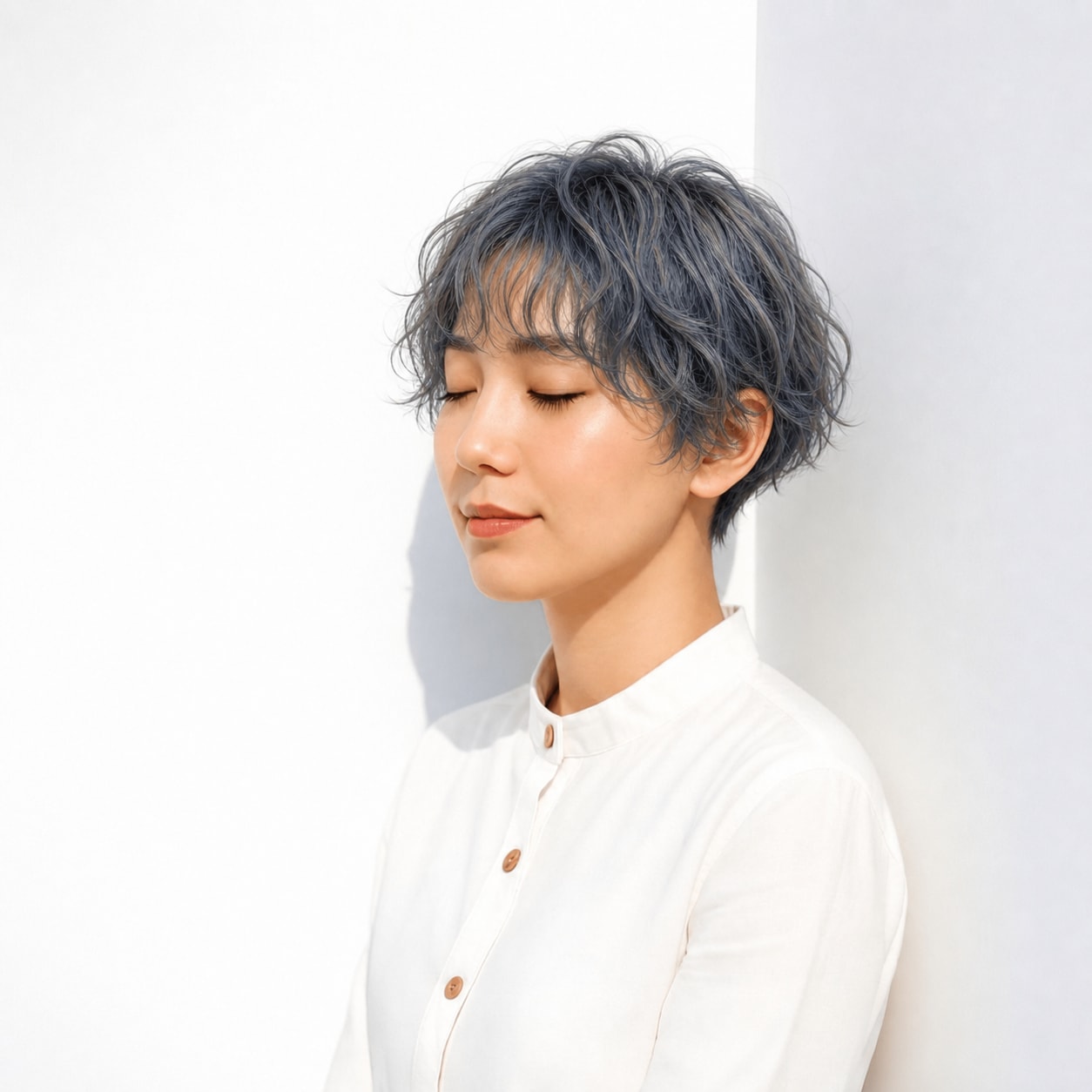 15. ブルーグレージュ×パーマショート: 深いブルーグレーで大人っぽい印象になる