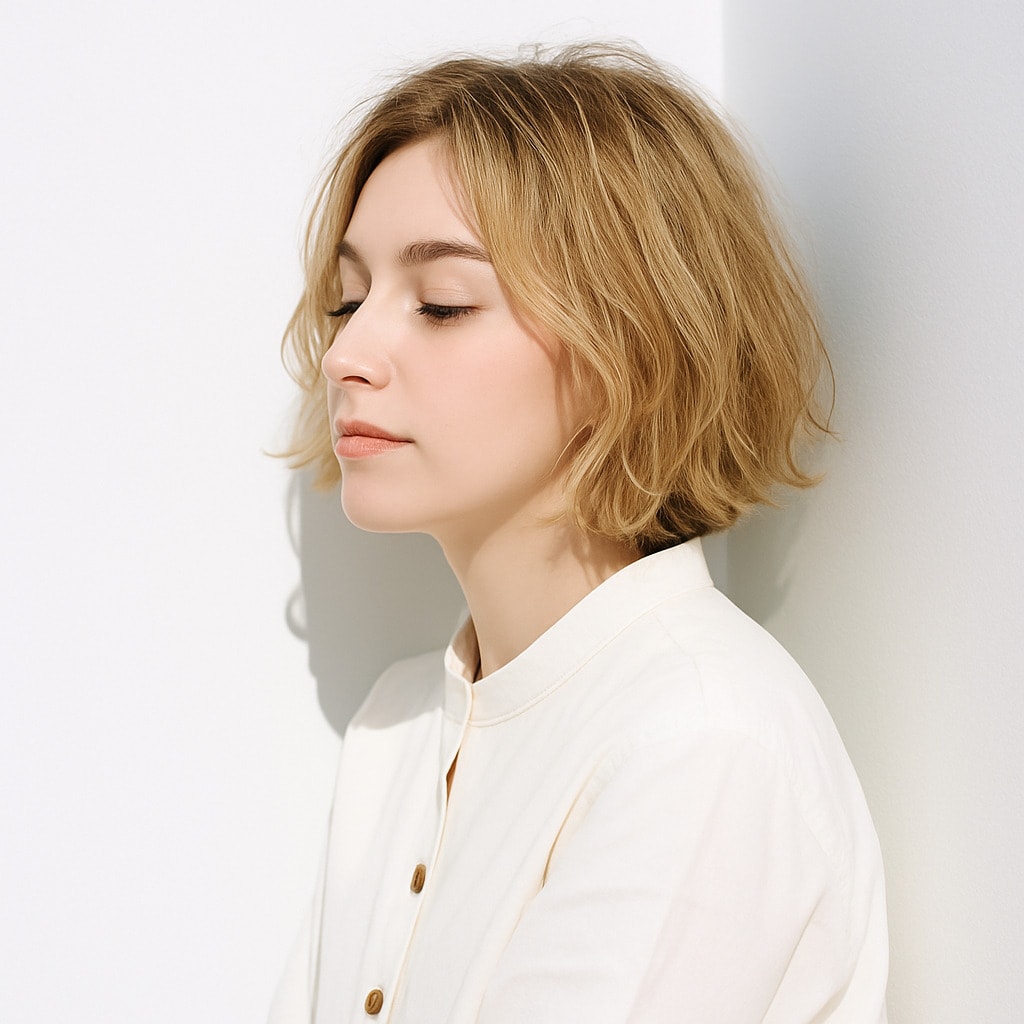 15. ブロンドベージュ×ウェーブ：自然な柔らかさで肌に溶け込む色合い