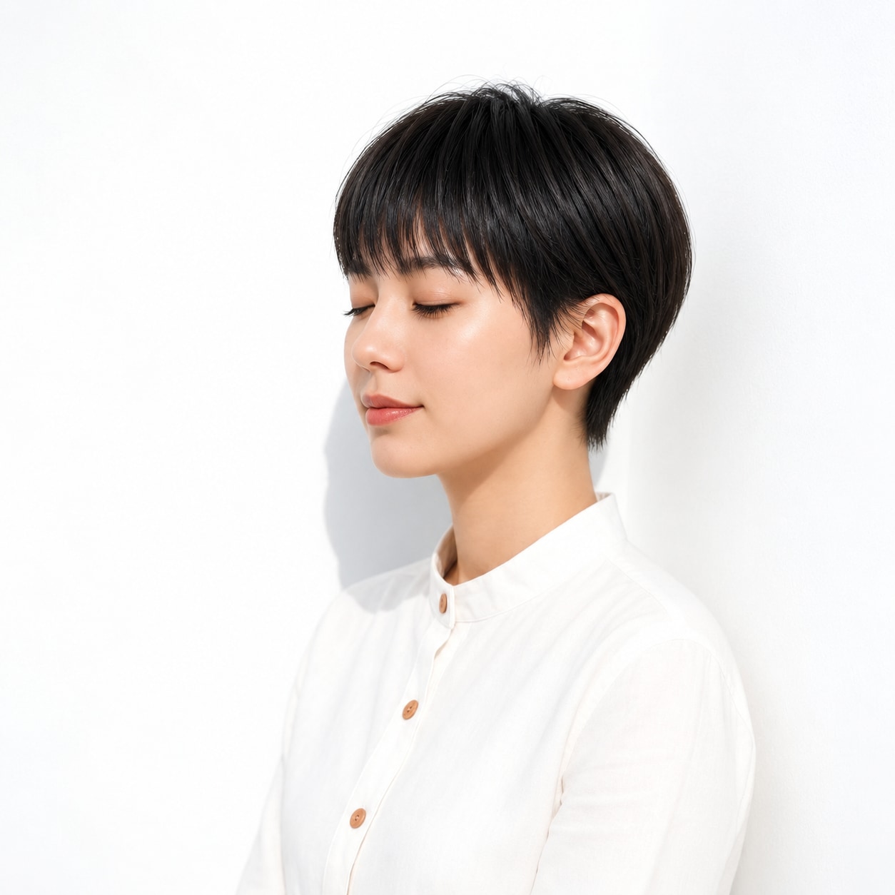 7. ベリーショート × 黒髪マッシュ：丸い前髪とツヤで上品にまとまる