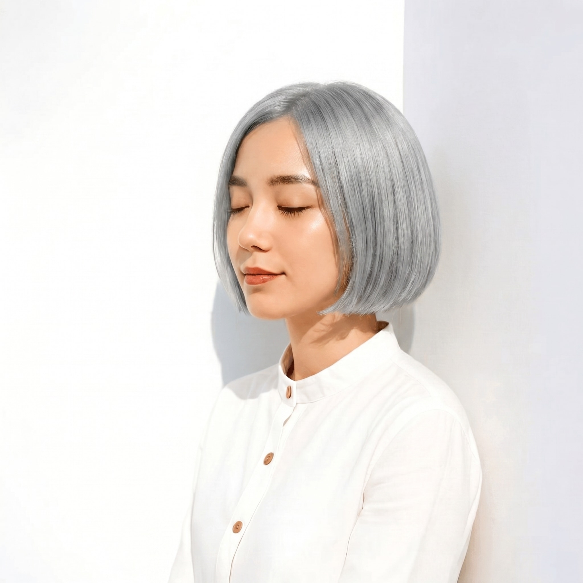 15. ホワイトシルバー×ストレートボブ: モードなツヤで、シンプルな髪型も凛と見せる