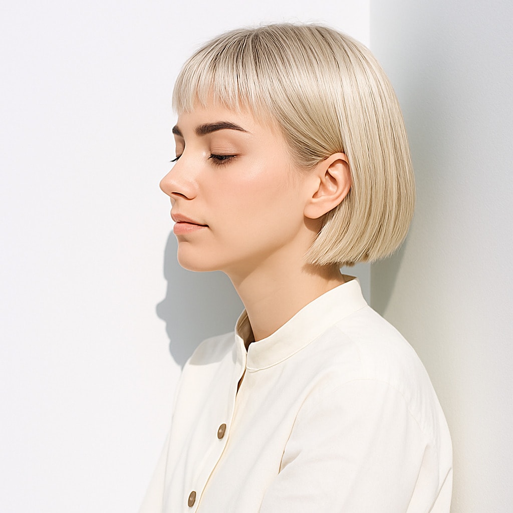 15. ホワイトブロンド×姫カット：軽やかに揺れる上品な印象を