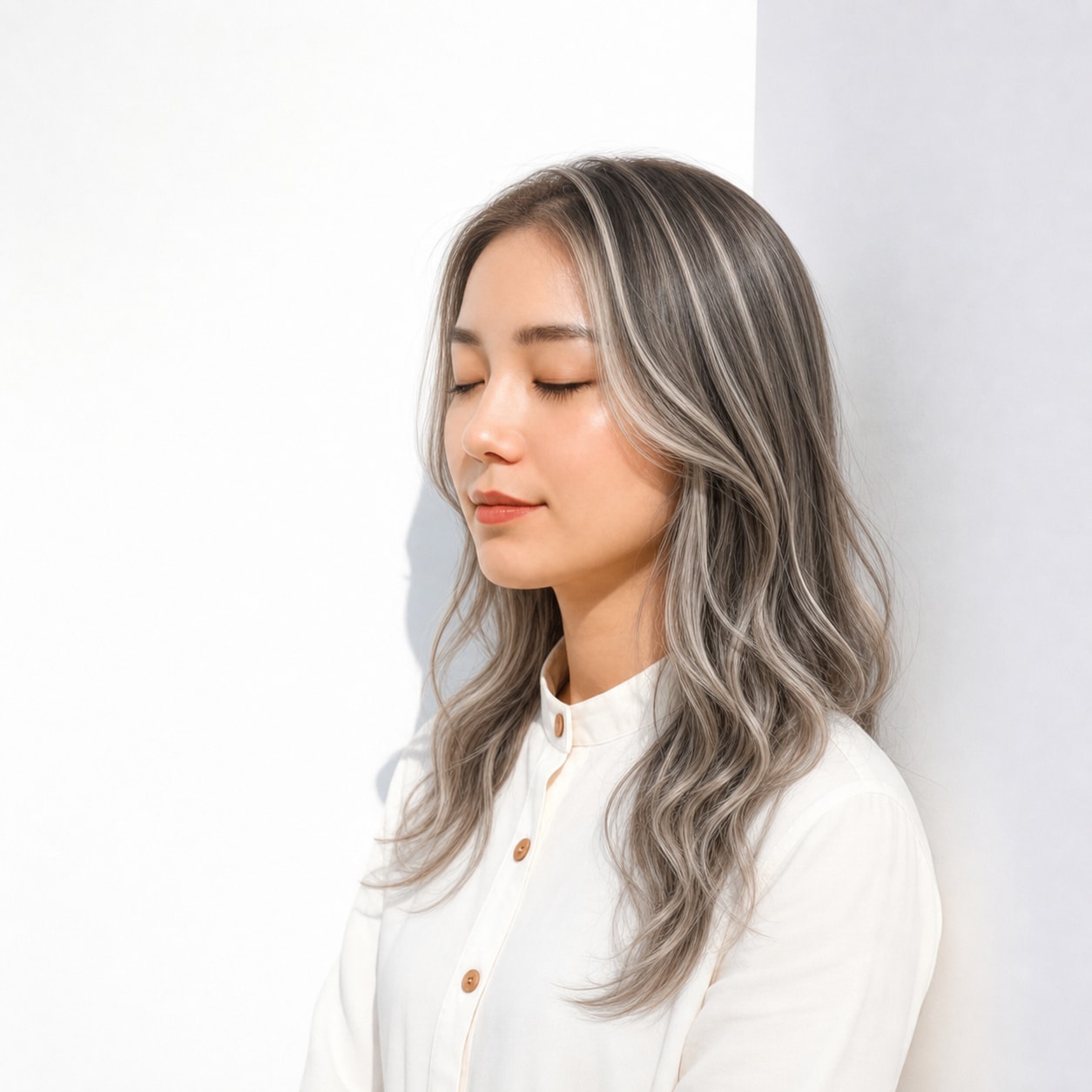 15. ホワイトメッシュ×レイヤーロング: 顔まわりの明るさで暗めヘアが軽い印象になる