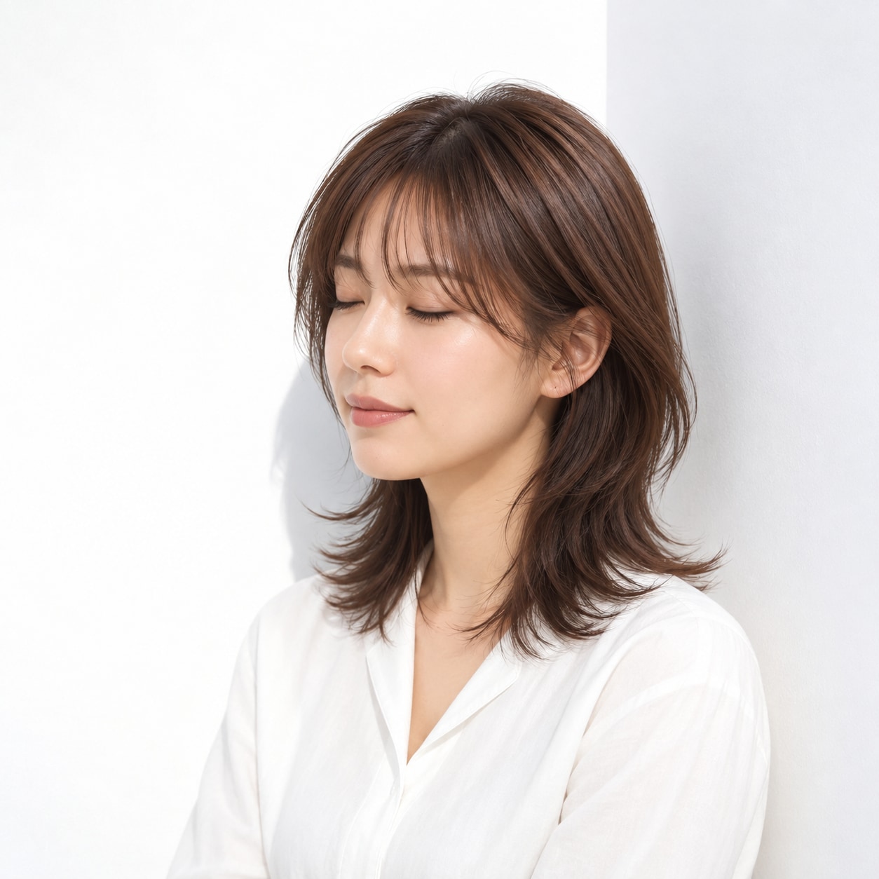 15. ミディアムレイヤー × 前髪あり × レイヤーカット：髪の面が一枚に沈まず、横から見ても立体感が続きます