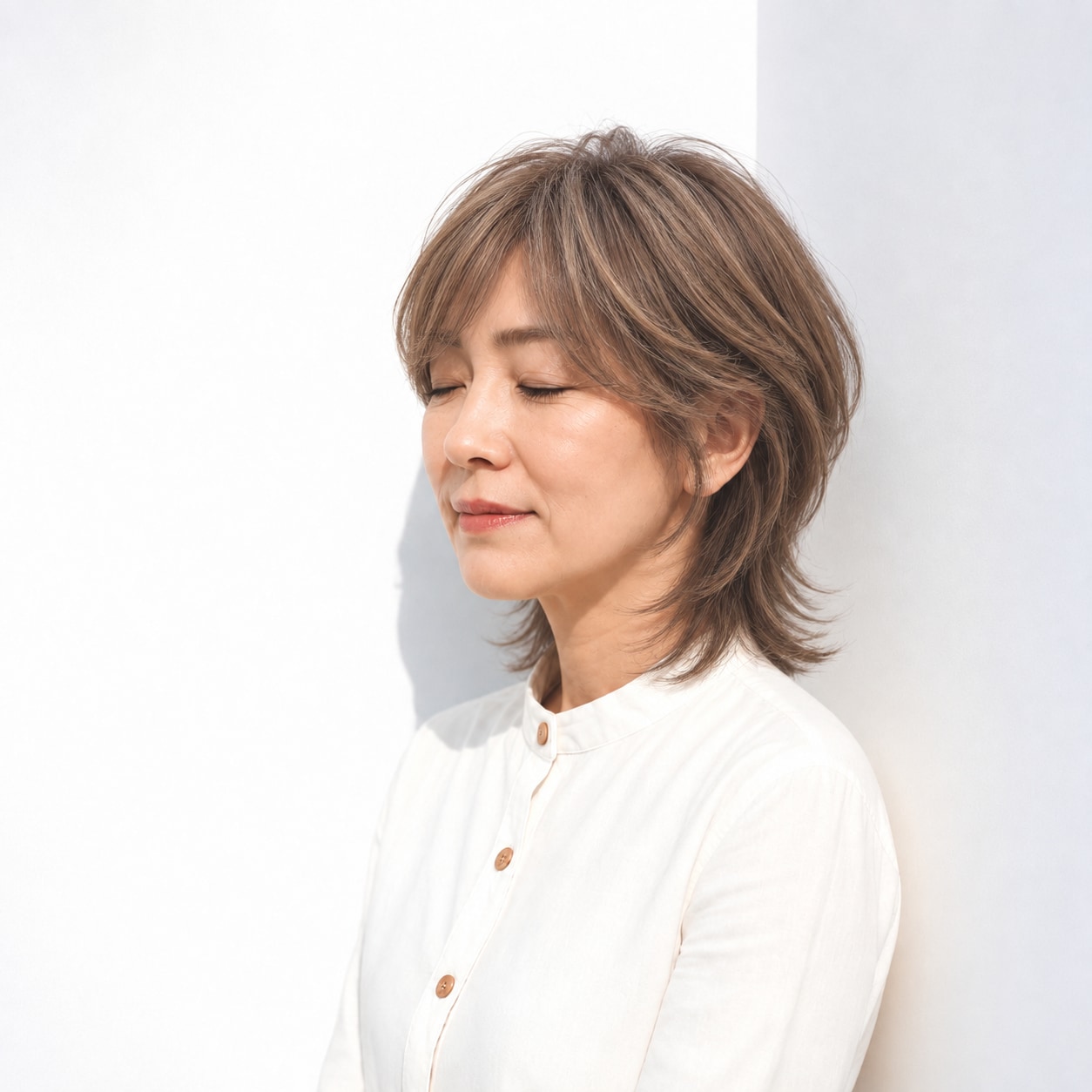 15. ミディアムウルフ × 顔まわりレイヤー：顔の近くに動きが集まり、長いえり足との段差が映えます