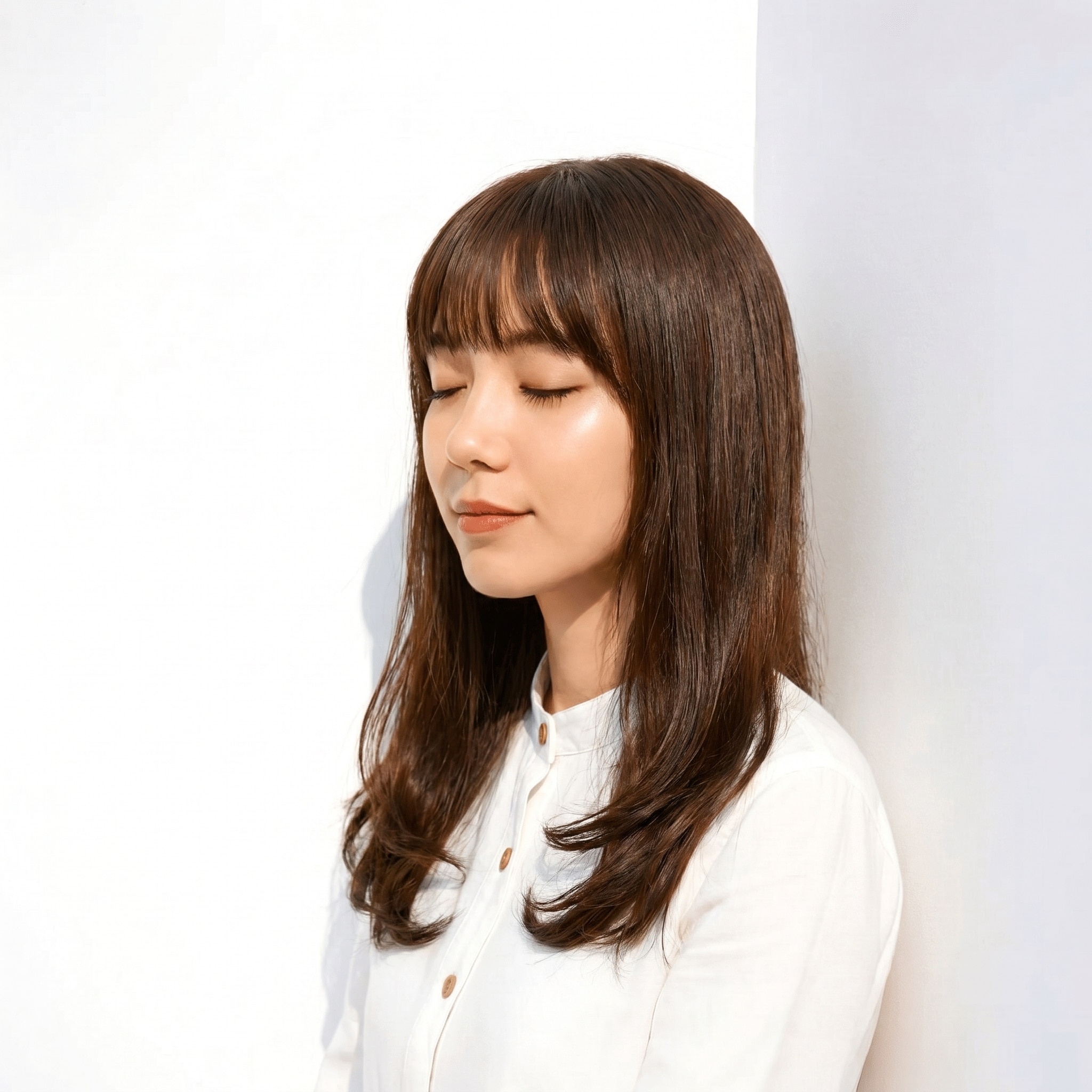 15. モカグレージュ×内巻きミディアム: 肌なじみのよい色で、日常にも取り入れやすい