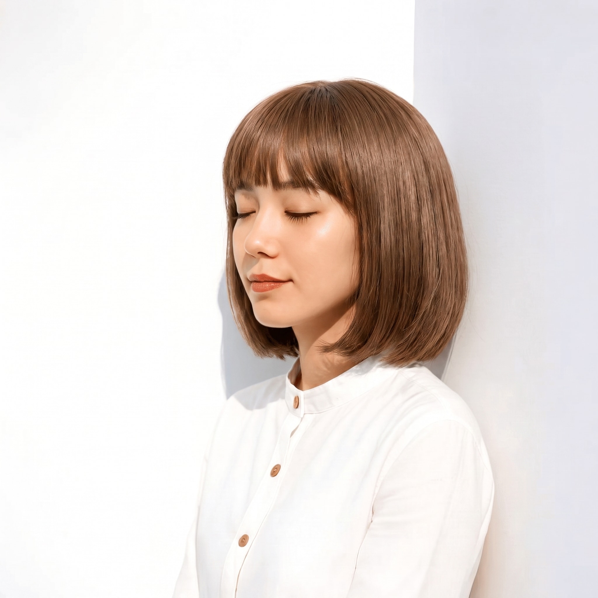 15. ライトベージュ×ボブ: ブラウンを含むベージュで内巻きボブが落ち着く