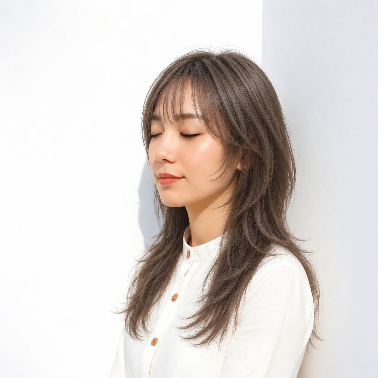 15. ラフレイヤーロング × アッシュブラウン：軽い毛先でこなれた表情に
