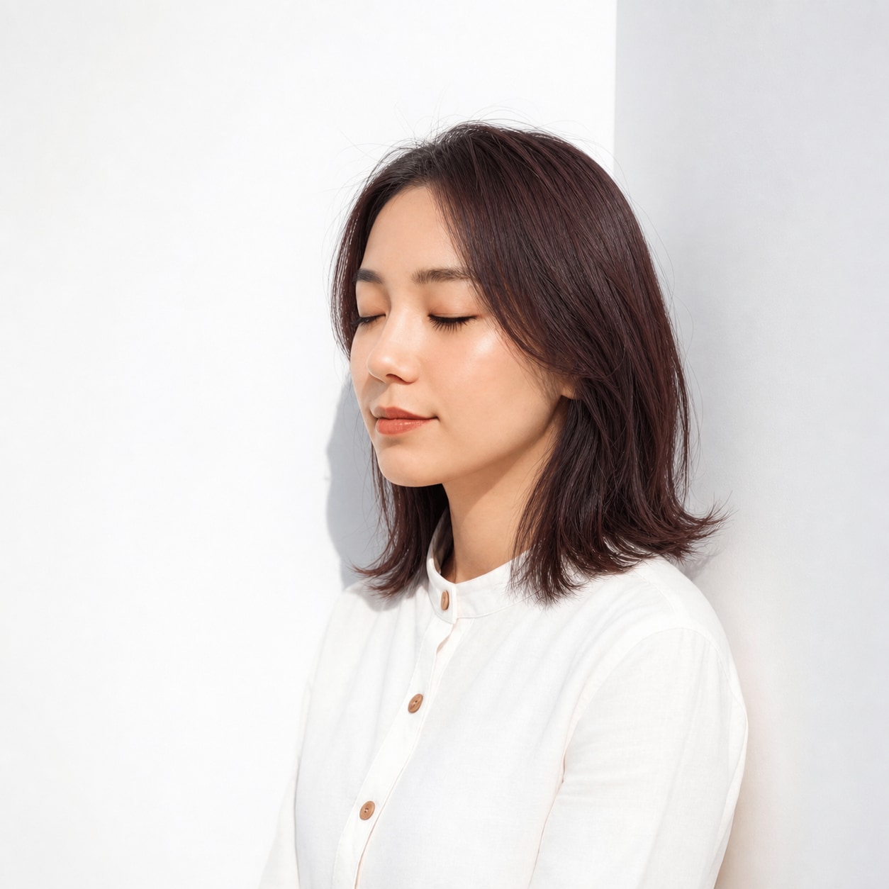 15. レッドブラウン×ブリーチなし×外ハネミディアム: 暖色のツヤで外ハネの毛先が柔らかく動く