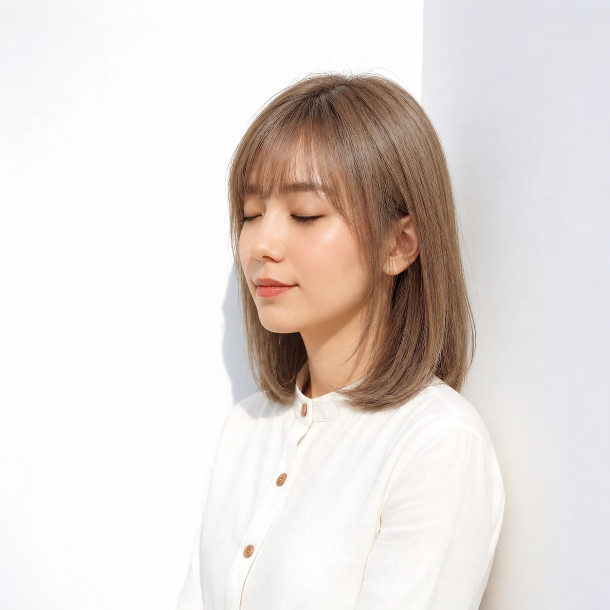 15. 内巻きストレートミディアム × ベージュブラウン：やわらかな色で素直な魅力