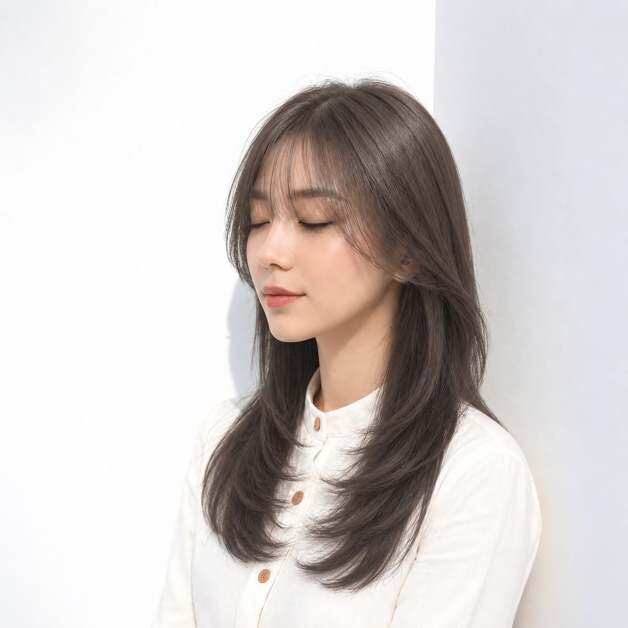10. 内巻きロング × 軽やかな前髪：落ち着いた柔らかさ