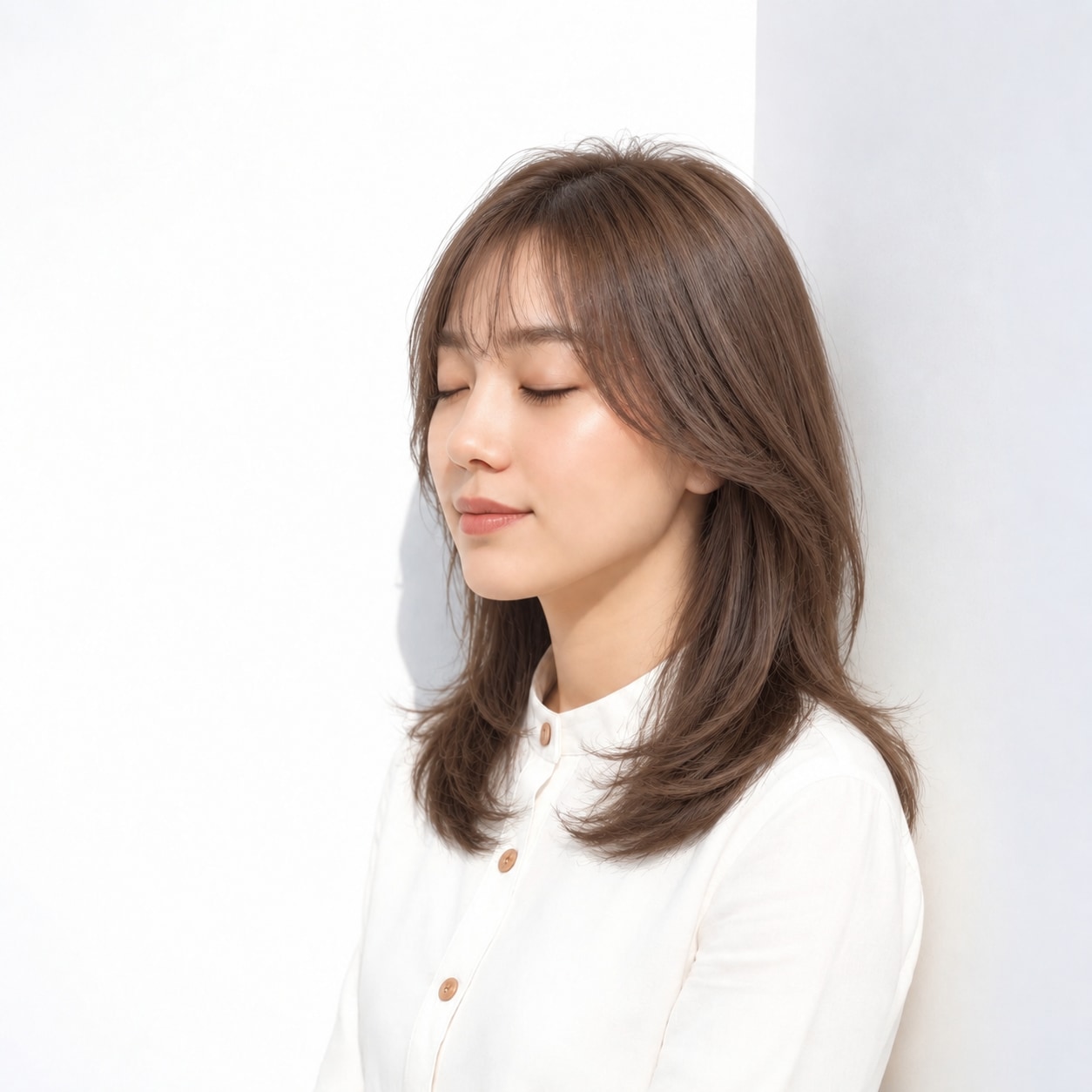 15. 内巻きロング × 流し前髪：小さな曲線で自然なやさしさ