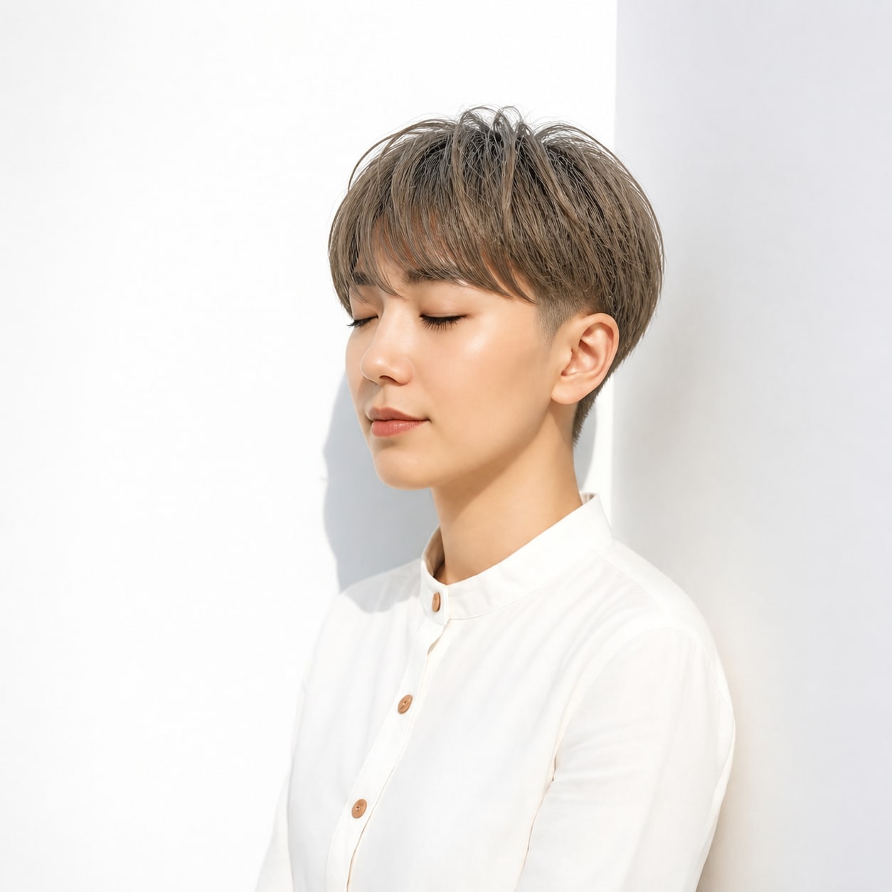 15. 刈り上げショート × アッシュベージュ：やわらかく軽やか