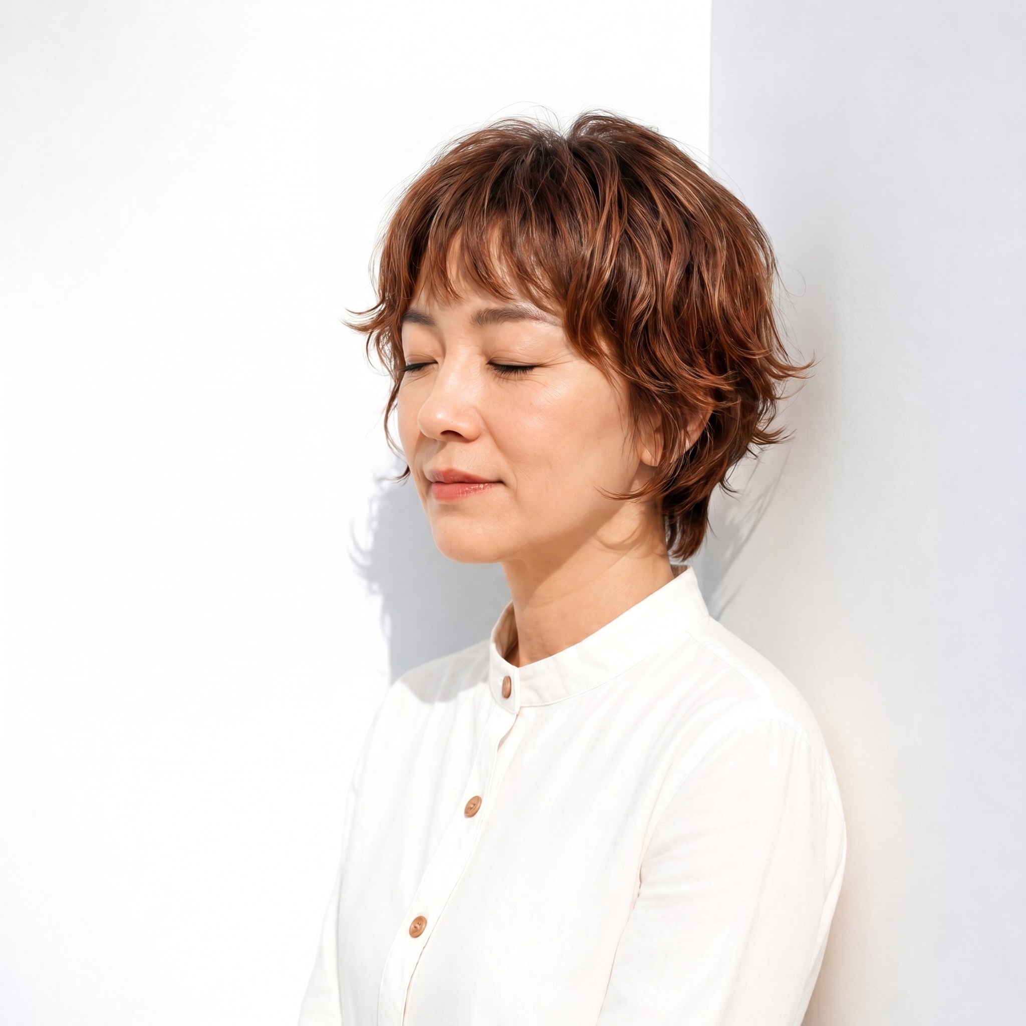 15. 束感ショートレイヤー：暖色の陰影で柔らかさを演出