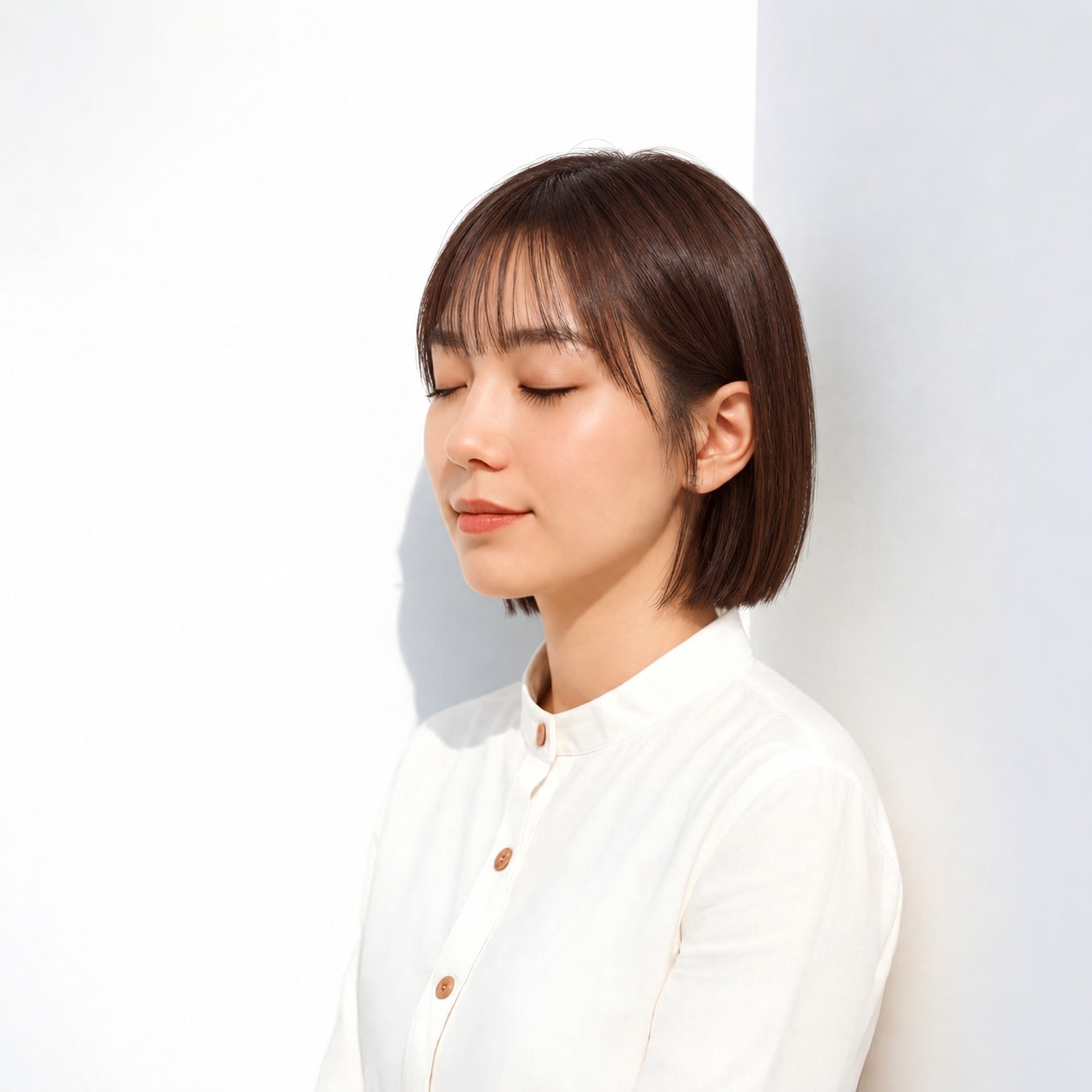 15. 耳かけボブ × 赤みブラウン：軽い前髪でやさしい表情に