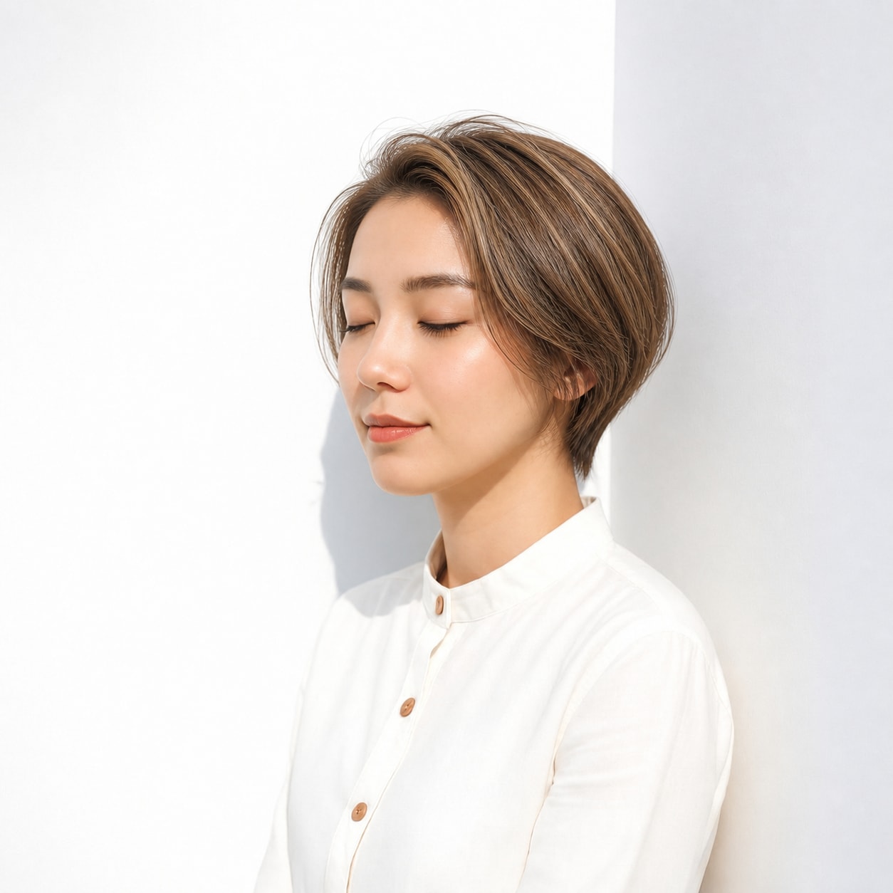 15. 面長ボブ × 前髪なし × ハイライトショート：立体感をプラス