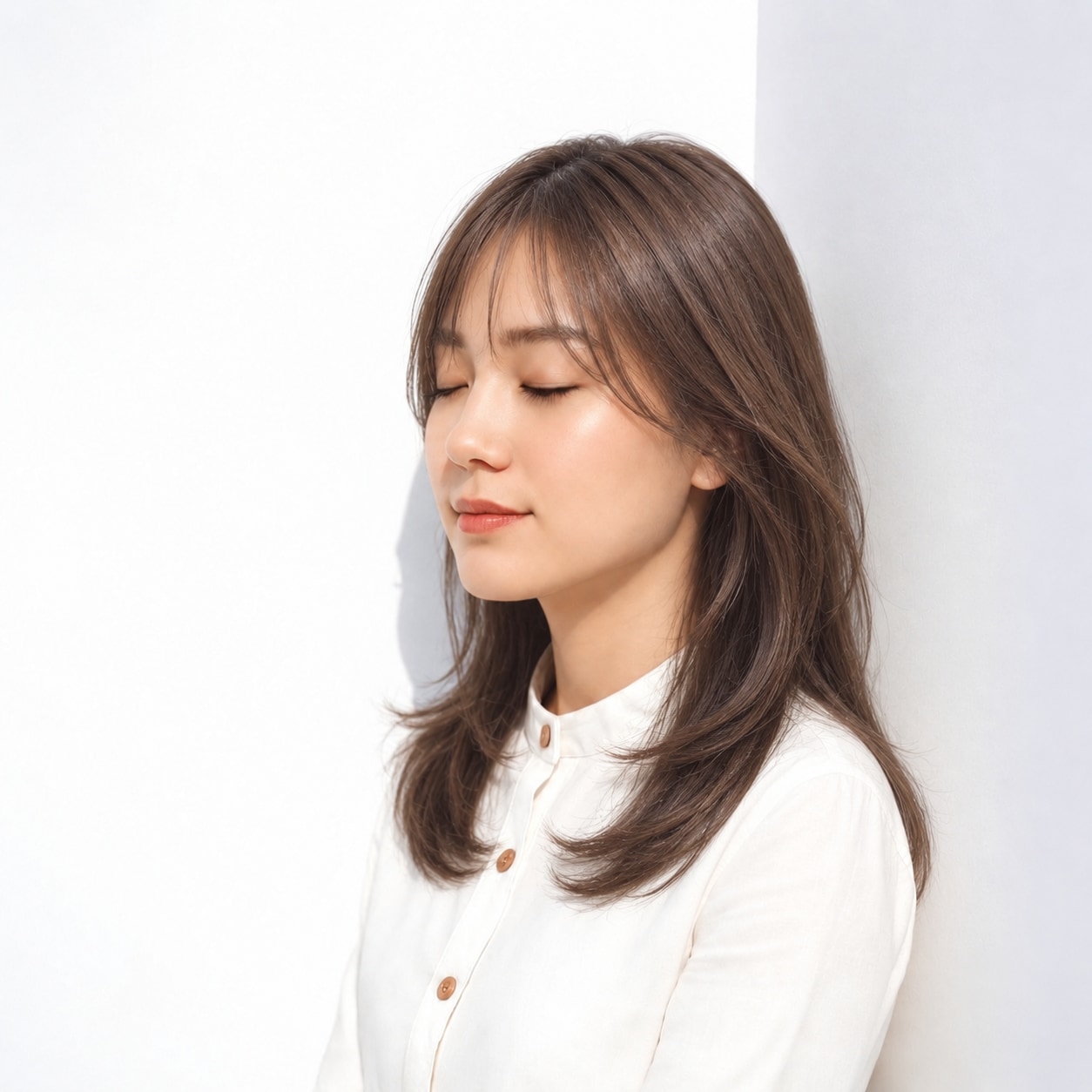 15. 顔まわりロング × ブラウン：軽い前髪と曲線でやさしく