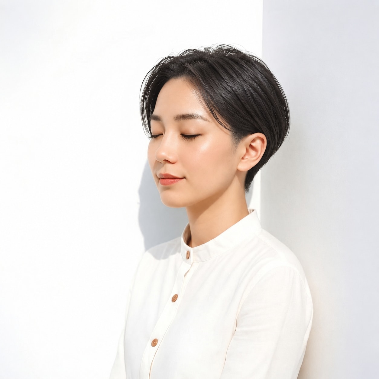 10. 黒髪コンパクトショート × 耳かけ：耳かけで顔まわりを開くとさわやかに見える