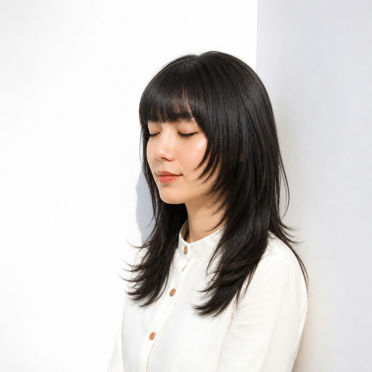 15. 黒髪ロング × 顔まわりカット：頬を自然にカバー
